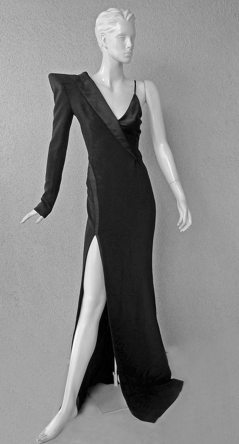green emerald velvet dress Vintage 1998 Thierry Mugler Documented Runway Sheer Black Silk Asymmetric  High-Slit Gown