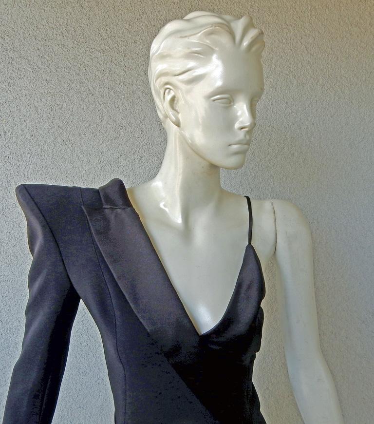 green emerald velvet dress 1980s Thierry Mugler Black Silk & Wool Tuxedo Styled Cocktail Dress with Vinyl Collar