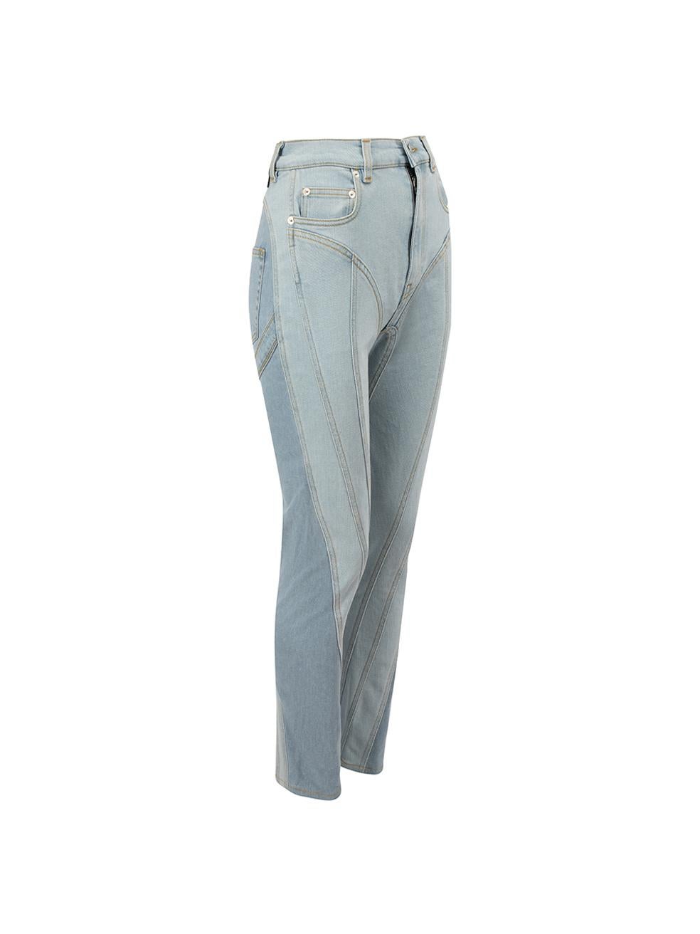 CONDITION is Very good. Hardly any visible wear to jeans is evident on this used Mugler designer resale item.
  
  
  
  Details
  
  
  Light blue
  
  Denim
  
  Straight leg jeans
  
  High rise
  
  Spiral panelled accent
  
  Front zip closure