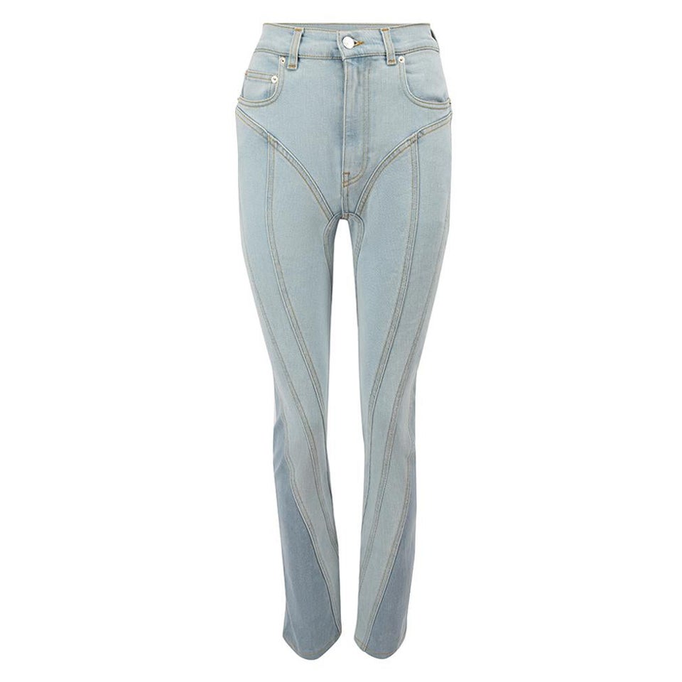 Mugler Light Blue Denim Spiral Panelled High Rise Jeans Size S For Sale