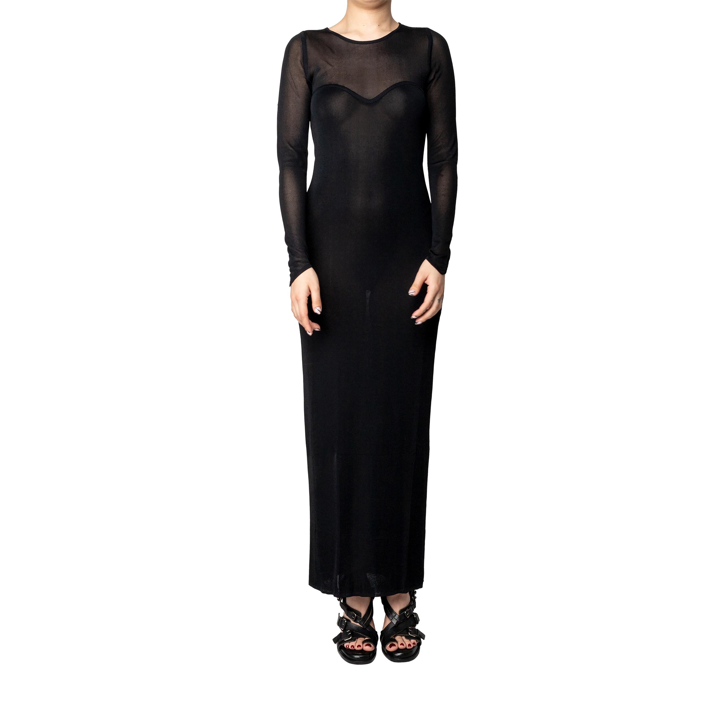 Introducing the Mugler Mesh Long Dress from the 90s. Crafted from high-quality viscose, this black body con dress is designed to hug your curves. The full sleeve and round crew neck add a touch of elegance, while the brand elements on the neckline