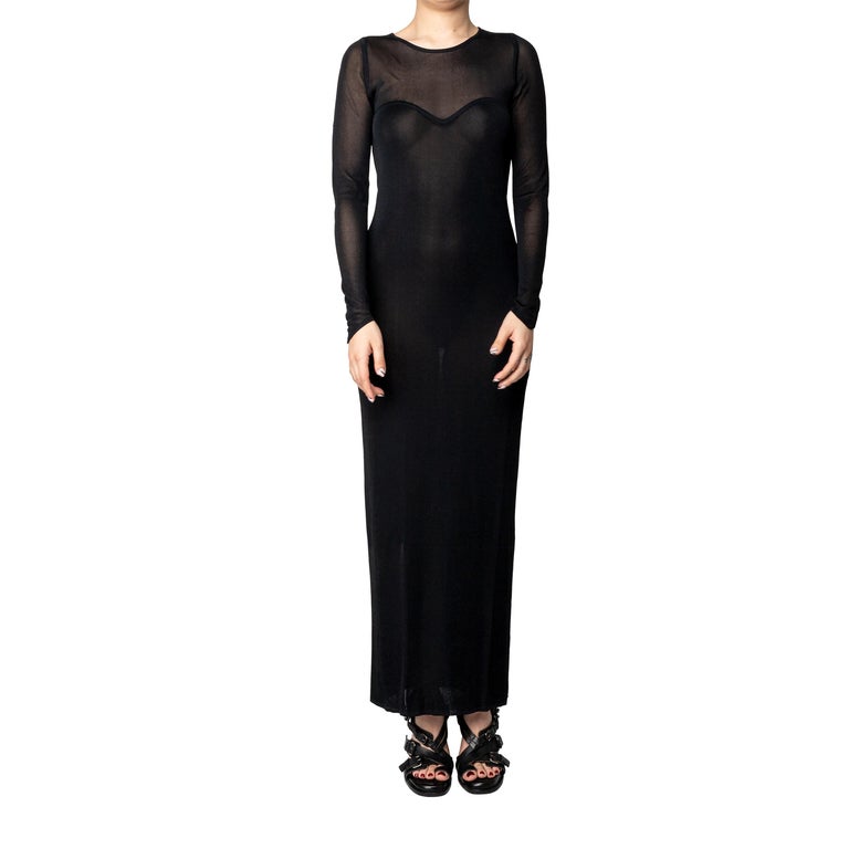 blue dress for baby girl Vintage 1998 Thierry Mugler Documented Runway Sheer Black Silk Asymmetric  High-Slit Gown