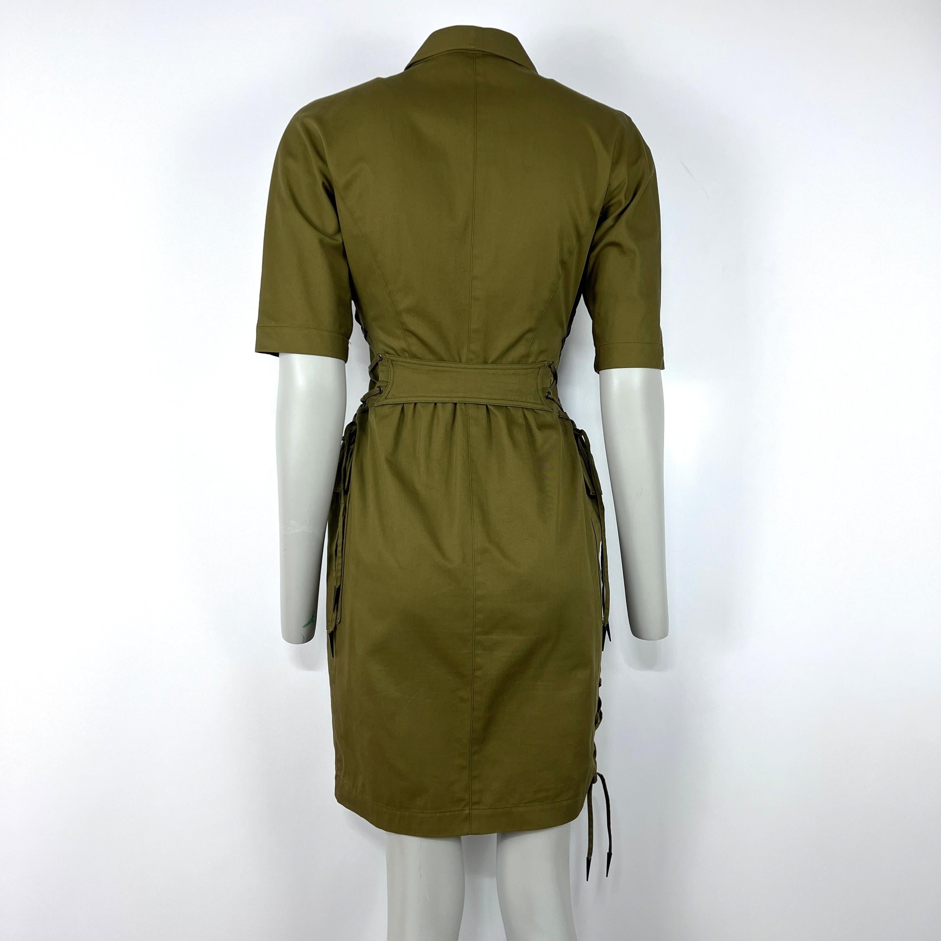Marron MUGLER Robe en coton kaki avec laçages, circa 1990, taille XS en vente