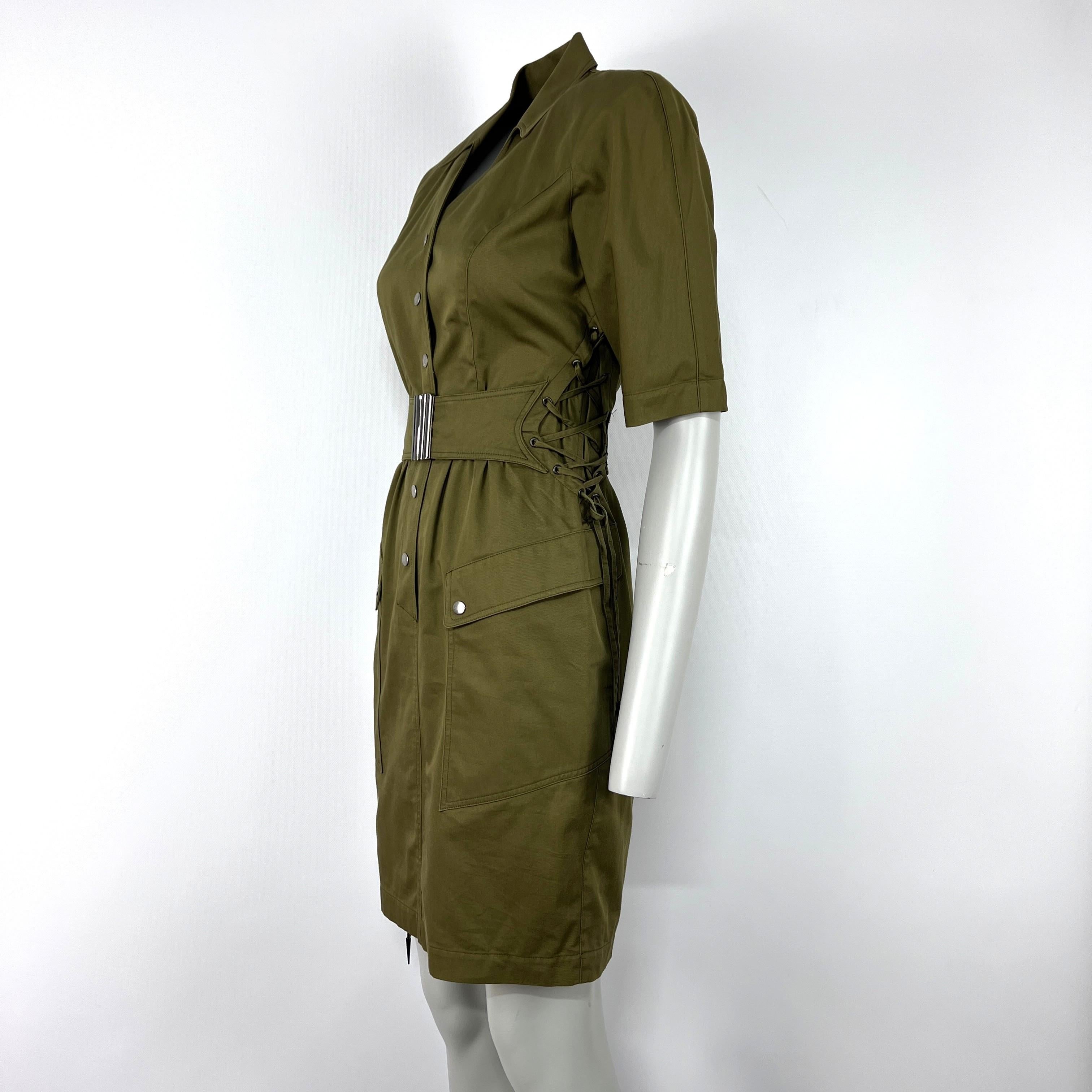MUGLER Robe en coton kaki avec laçages, circa 1990, taille XS Bon état - En vente à SAINT-OUEN-SUR-SEINE, FR