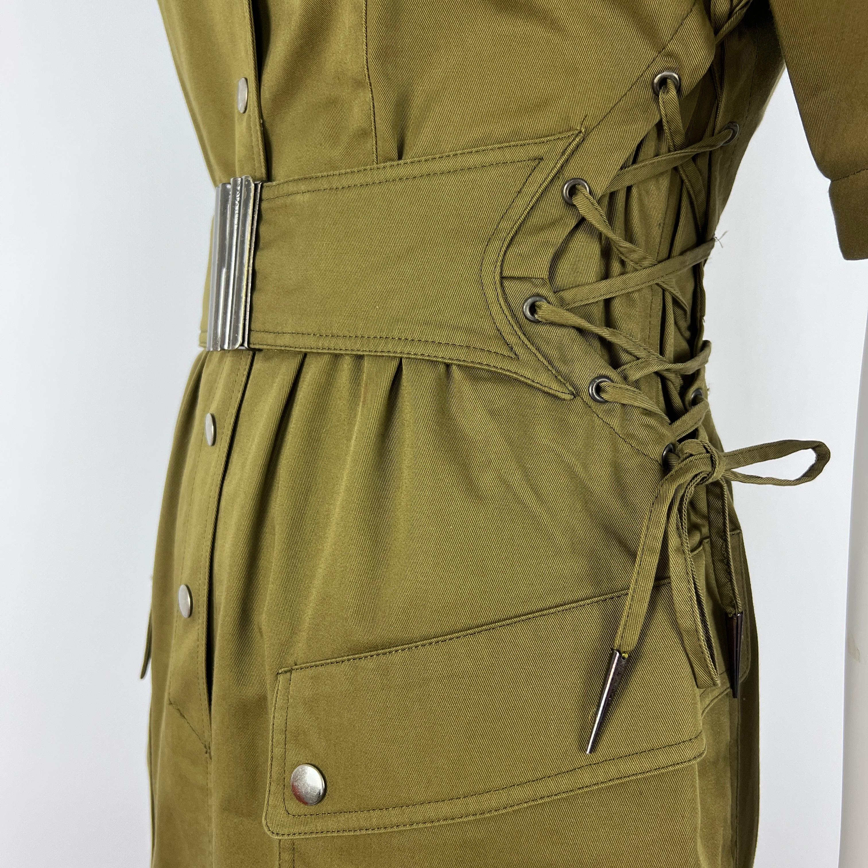 MUGLER Robe en coton kaki avec laçages, circa 1990, taille XS Pour femmes en vente