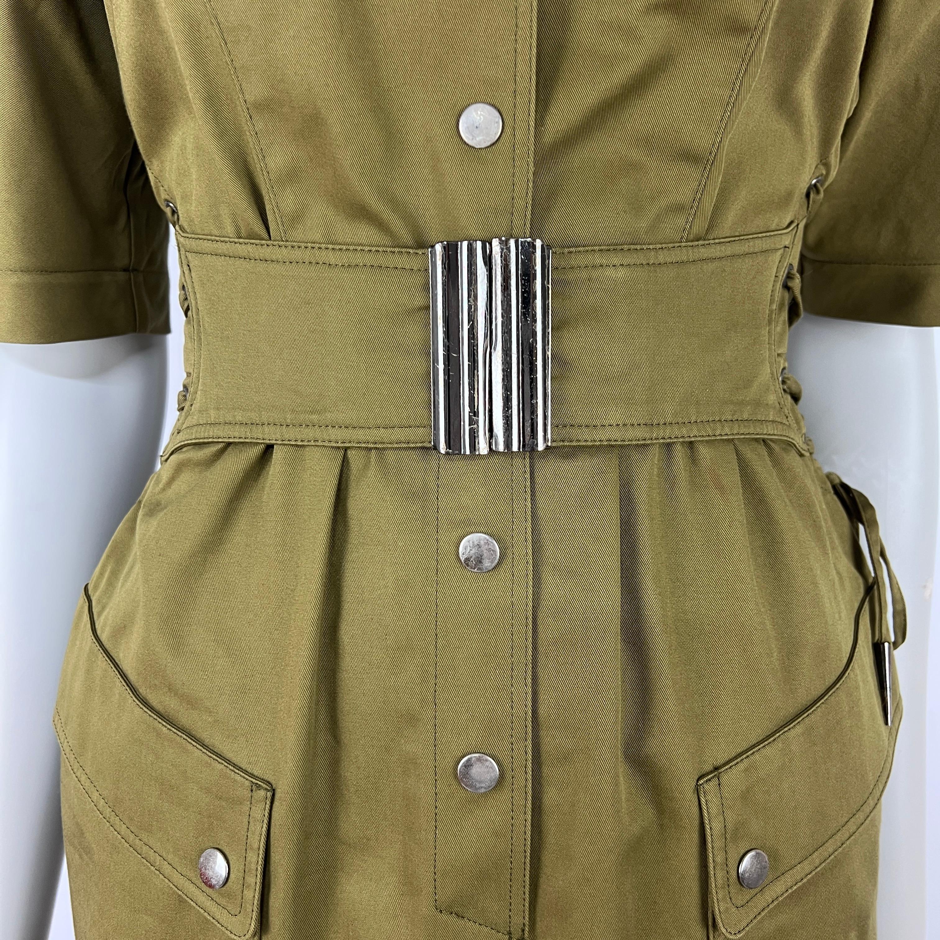 MUGLER Robe en coton kaki avec laçages, circa 1990, taille XS en vente 1