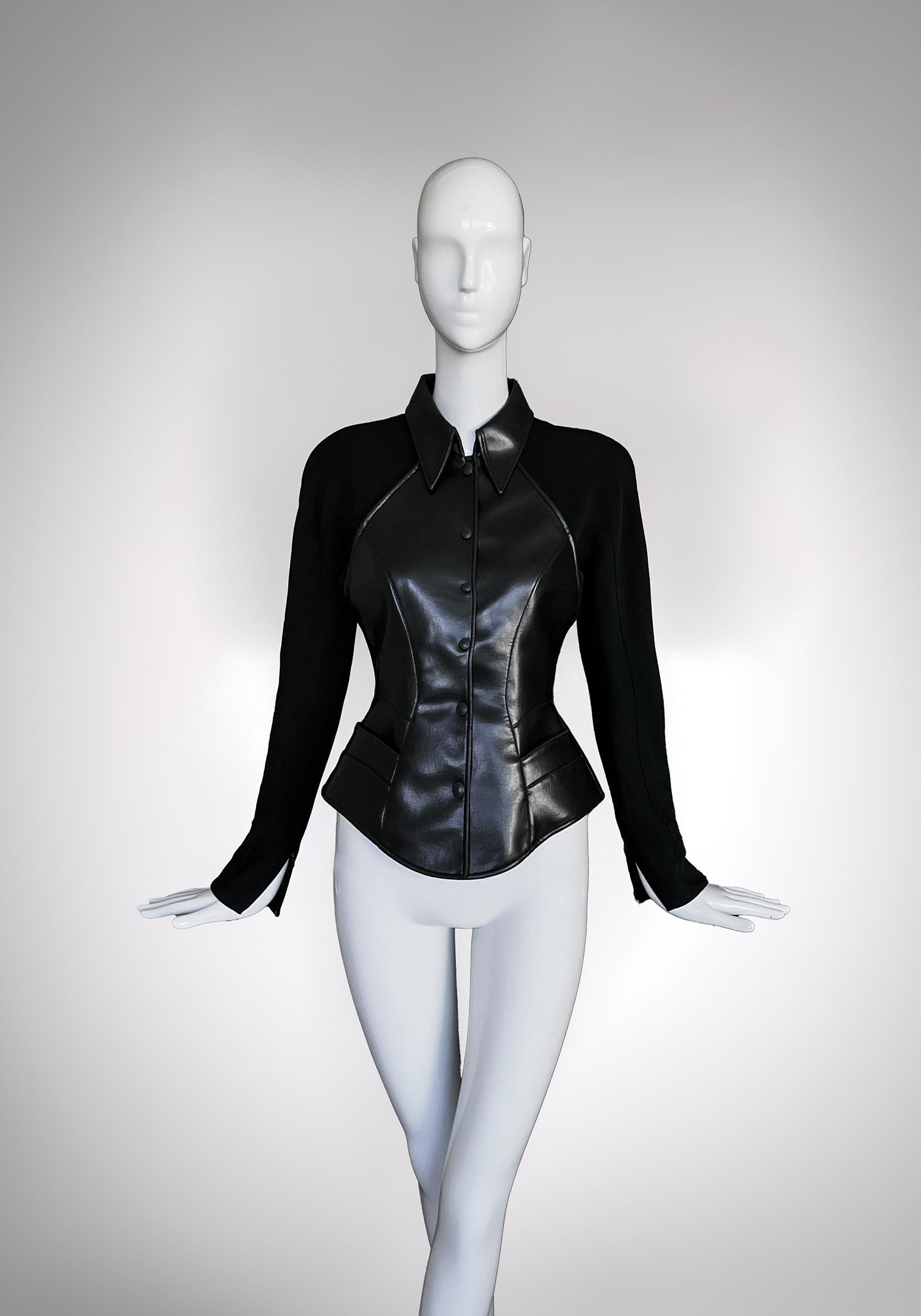 Women's MUGLER Sculptural Black Jacket Faux Leather Top For Sale