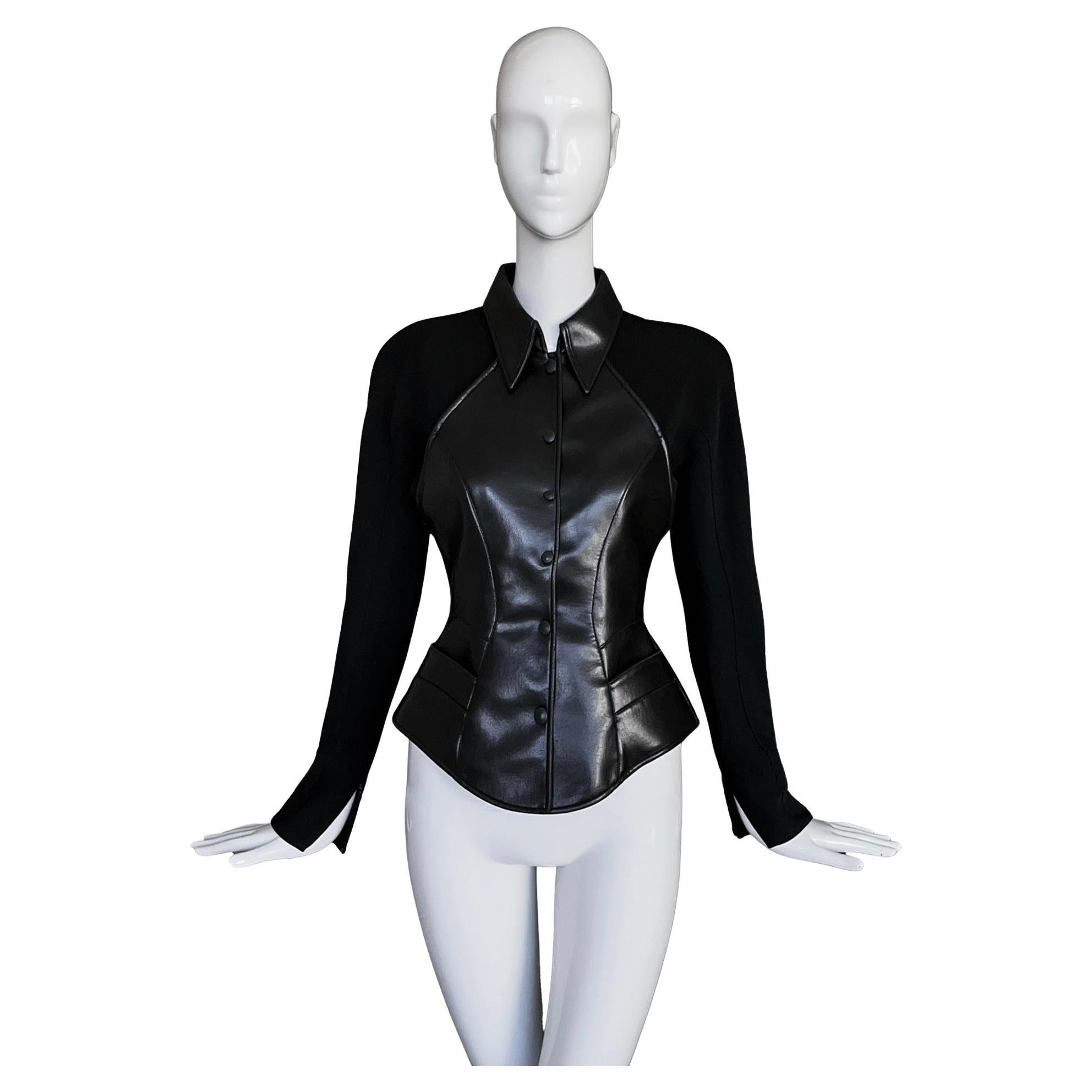 MUGLER Sculptural Black Jacket Faux Leather Top For Sale