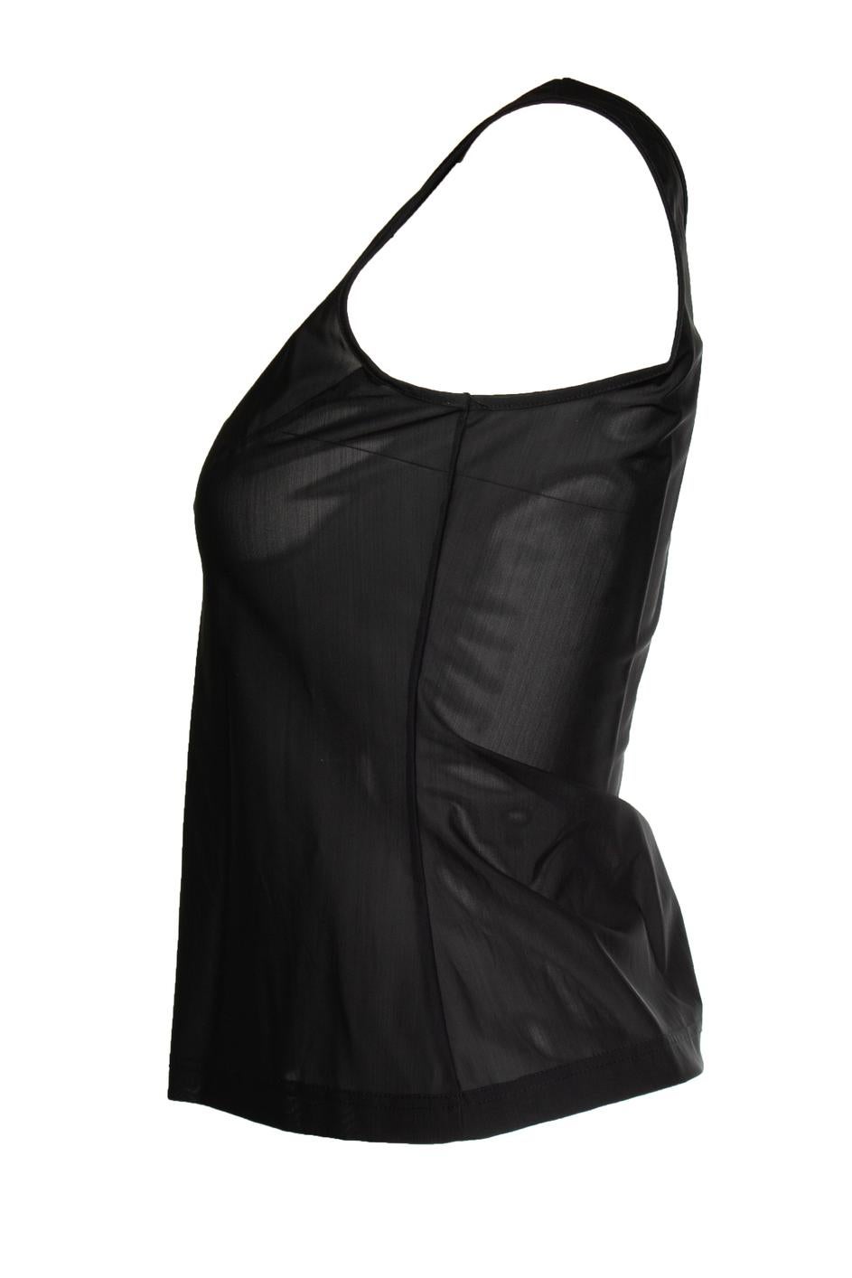 Mugler, Sheer top in black. The item is in very good condition. 

CONDITION: very good condition

SIZE: S

MEASUREMENTS: length 52 cm, bust 40 cm, waist 37 cm

MATERIAL: 56% polyamide 44% polyurethane

CARE: hand wash

COLOR: black