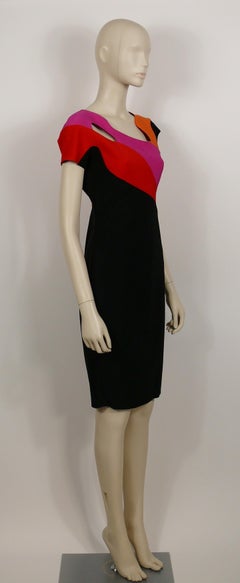 Mugler Short-Sleeve Cutout Black Rainbow Colorblock Sheath Dress