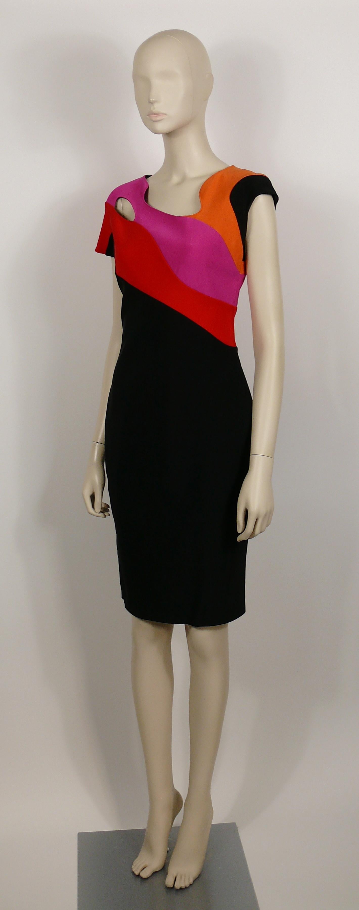 Brown Mugler Short-Sleeve Cutout Black Rainbow Colorblock Sheath Dress For Sale