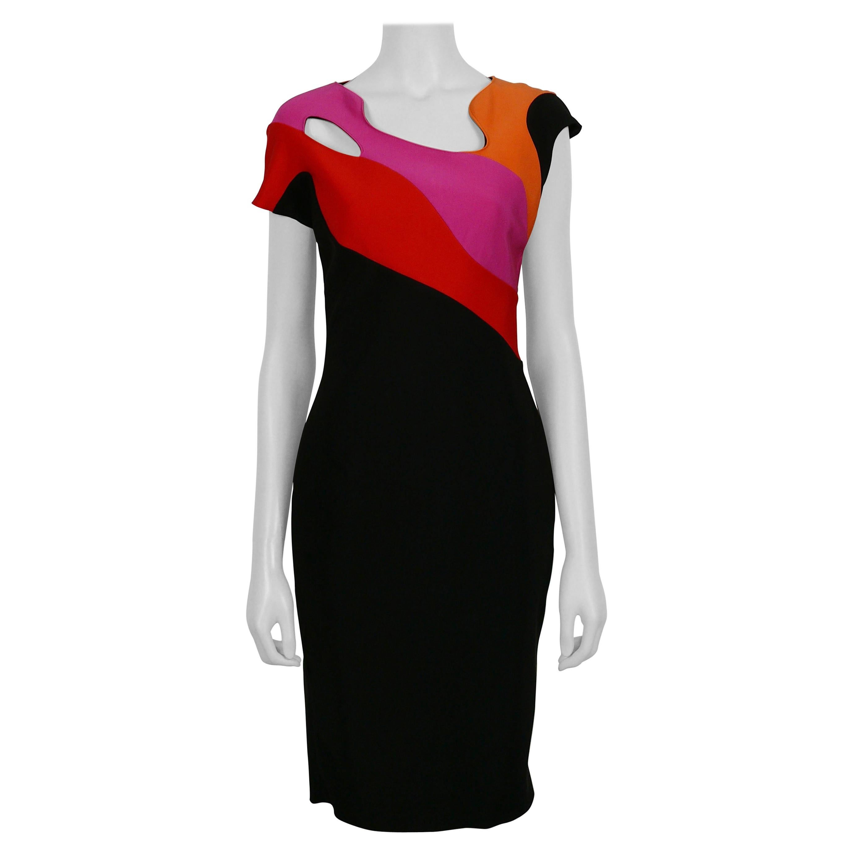 Mugler Short-Sleeve Cutout Black Rainbow Colorblock Sheath Dress For Sale