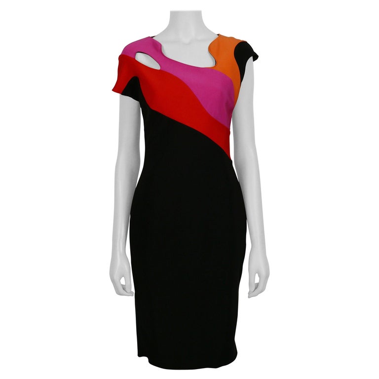Mugler Short-Sleeve Cutout Black Rainbow Colorblock Sheath Dress For ...