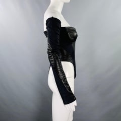 MUGLER Size 2 Black Lambskin Nylon Blend Bodysuit