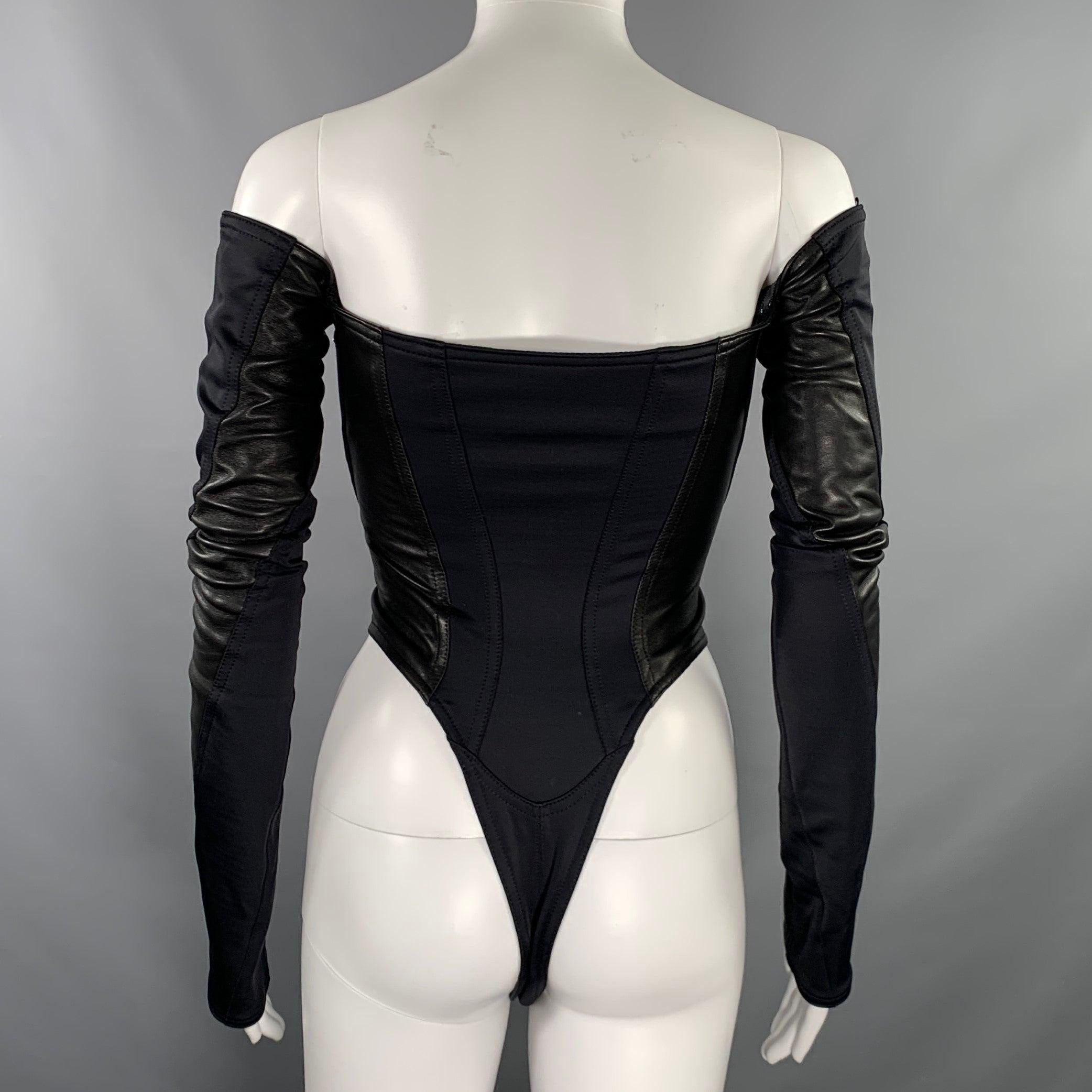 MUGLER Size 2 Black Lambskin Nylon Blend Bodysuit In Excellent Condition For Sale In San Francisco, CA
