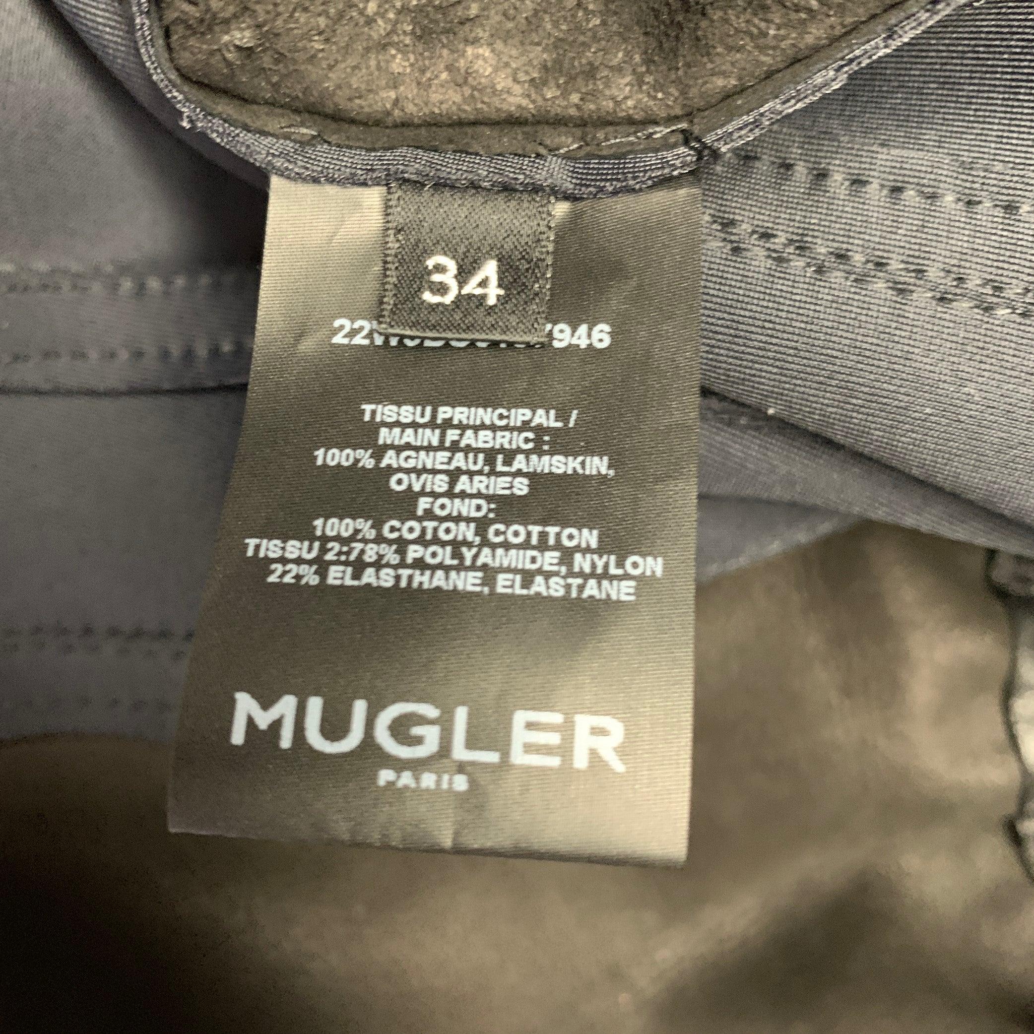 MUGLER Size 2 Black Lambskin Nylon Blend Bodysuit For Sale 1