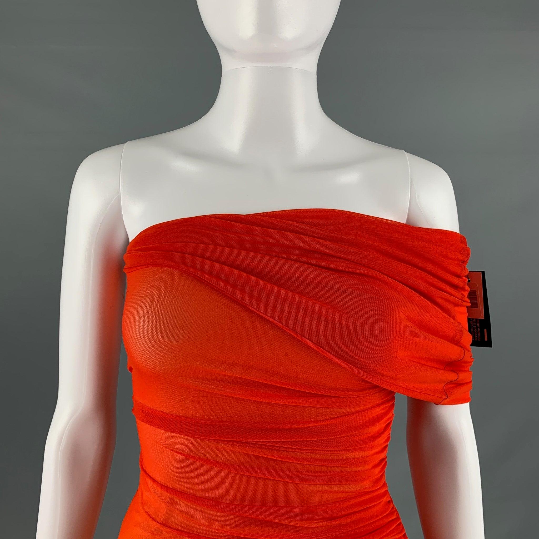 MUGLER dress comes in a orange and yellow polyamide blend mesh material featuring a one shoulder style, ombre colors, mini dress in a body-con shape, and a side zipper closure. Comes with a beige strapless slip dress lining.New with Tags. 

Marked: 