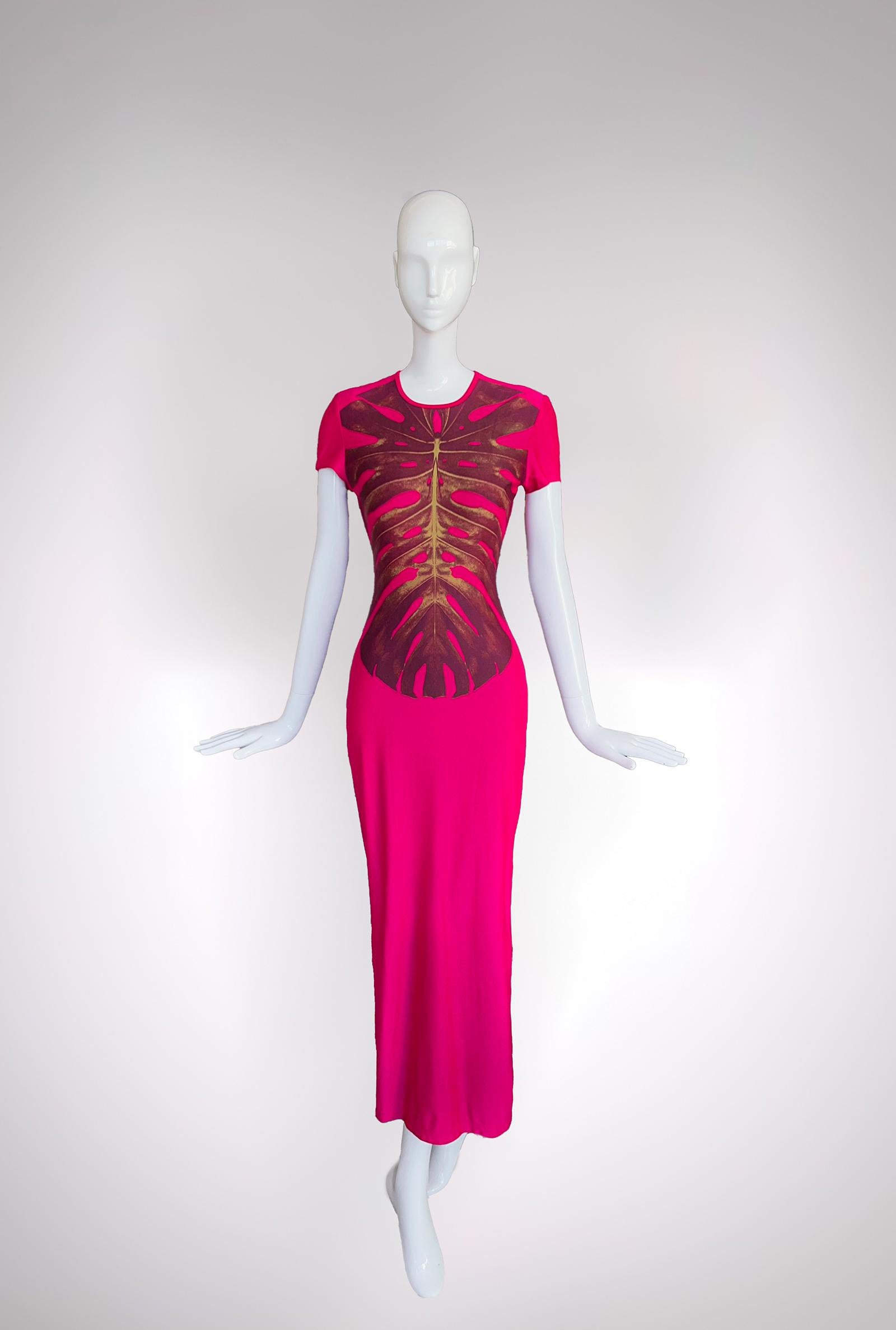 Red MUGLER SS 2000 Beautiful Dress Evening Gown Skeleton Leaf Print For Sale