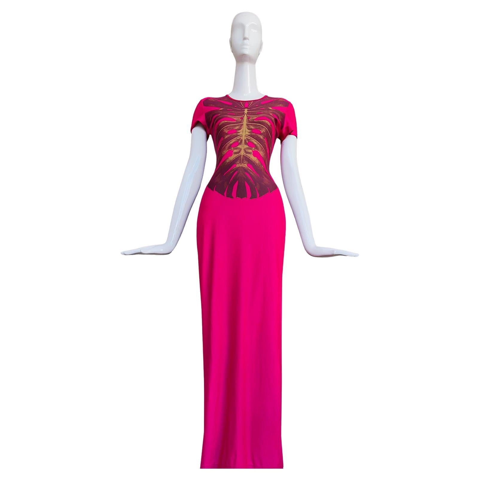 MUGLER SS 2000 Beautiful Dress Evening Gown Skeleton Leaf Print For Sale