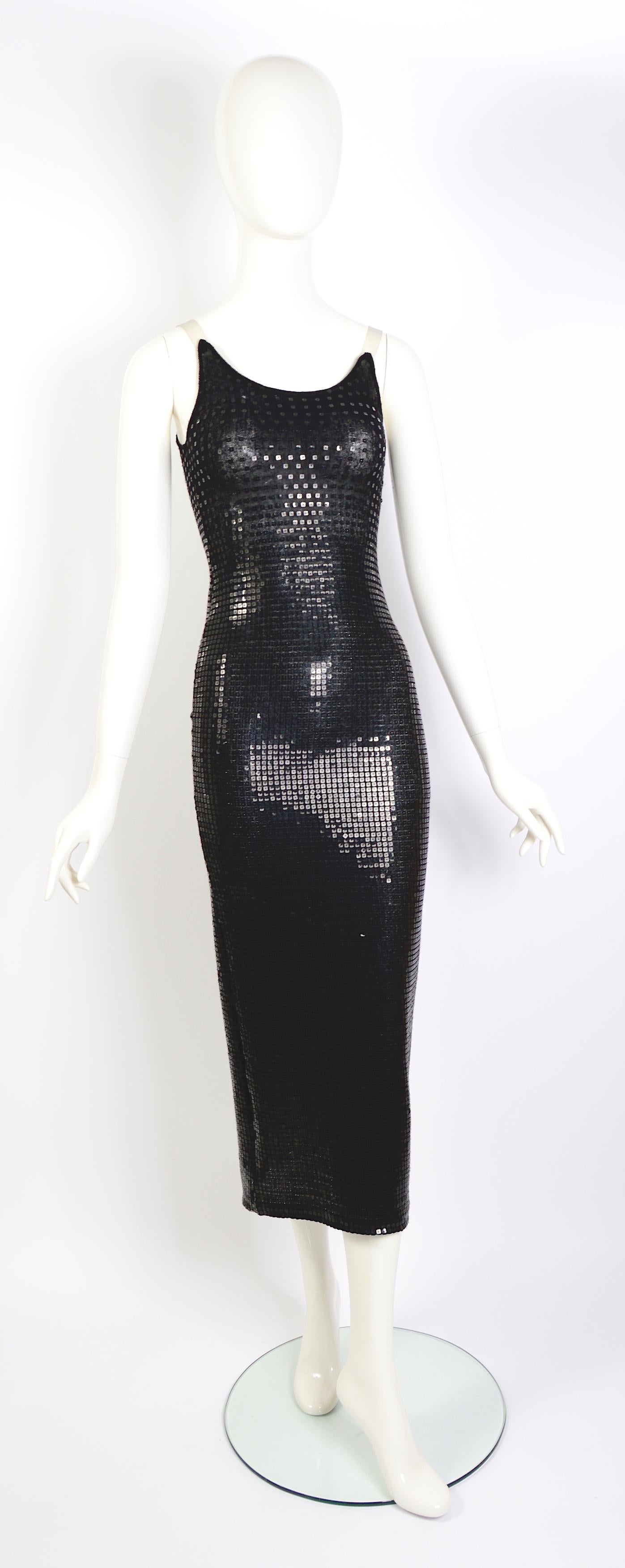 Mugler vintage 1990s black fine knit embellished sequined party slip dress 7