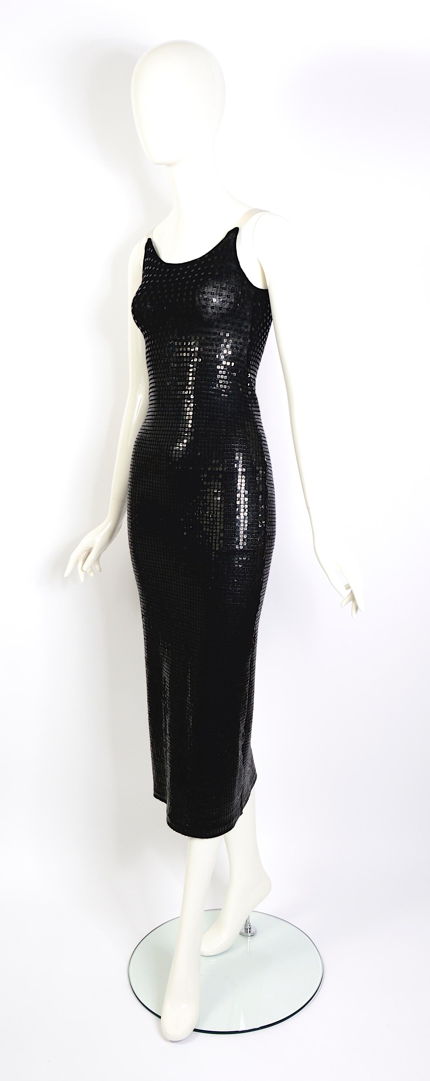 Mugler vintage 1990s black fine knit embellished sequined party slip dress In Good Condition In Antwerp, BE