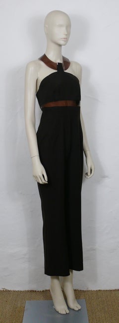 Mugler Vintage Brown Halterneck Backless Overall with PVC Details