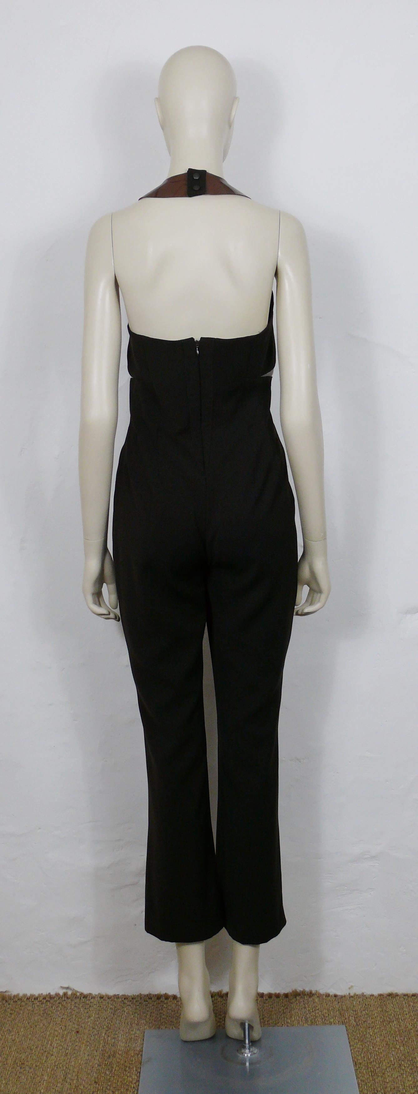 Mugler Vintage Brown Halterneck Backless Overall with PVC Details In Good Condition For Sale In Nice, FR