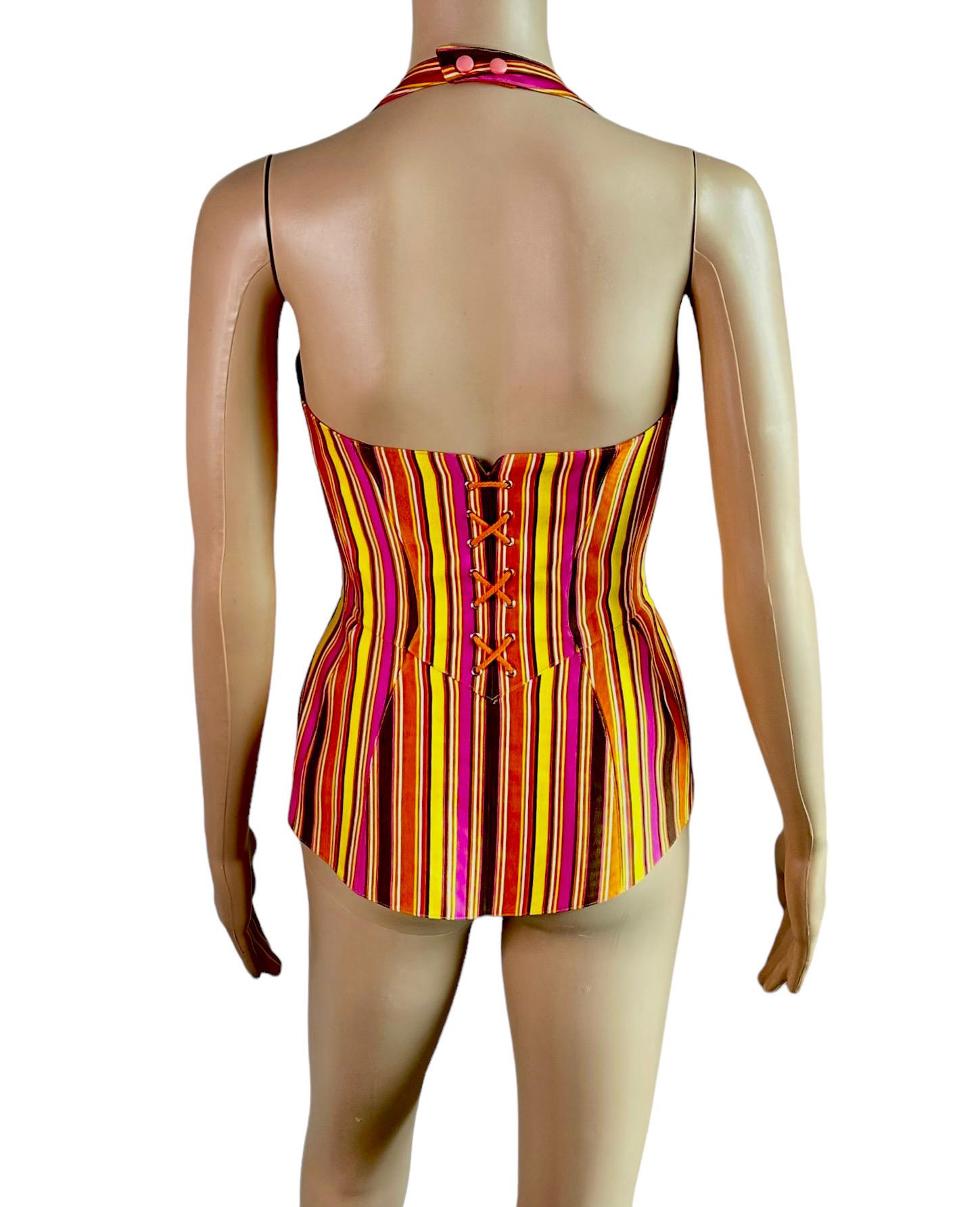 Beige Mugler - Haut corset à lacets rayé, vintage, début des années 2000 en vente