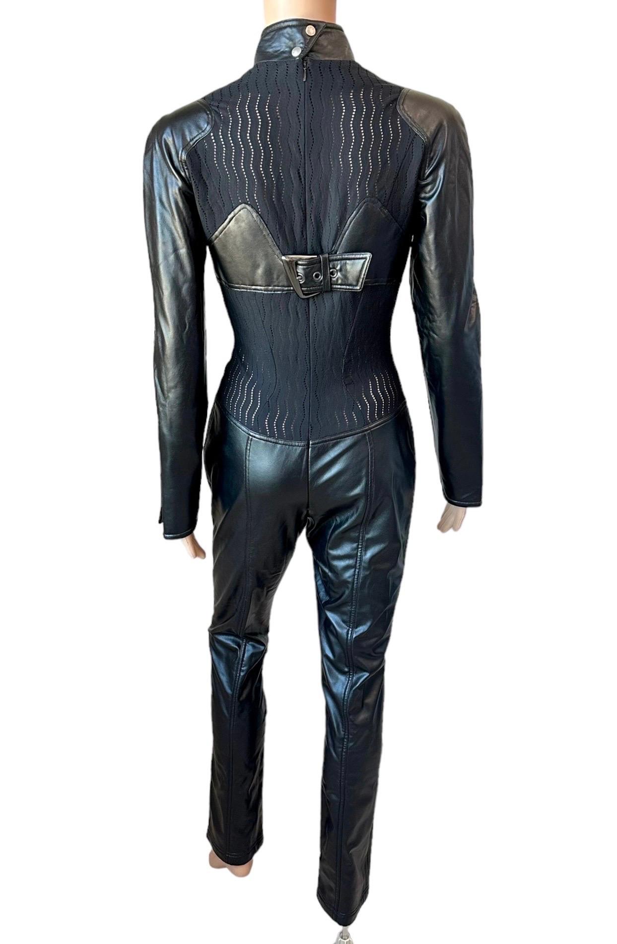 Mugler Vintage Leather Look Semi-Sheer Panels Black Jumpsuit For Sale 2