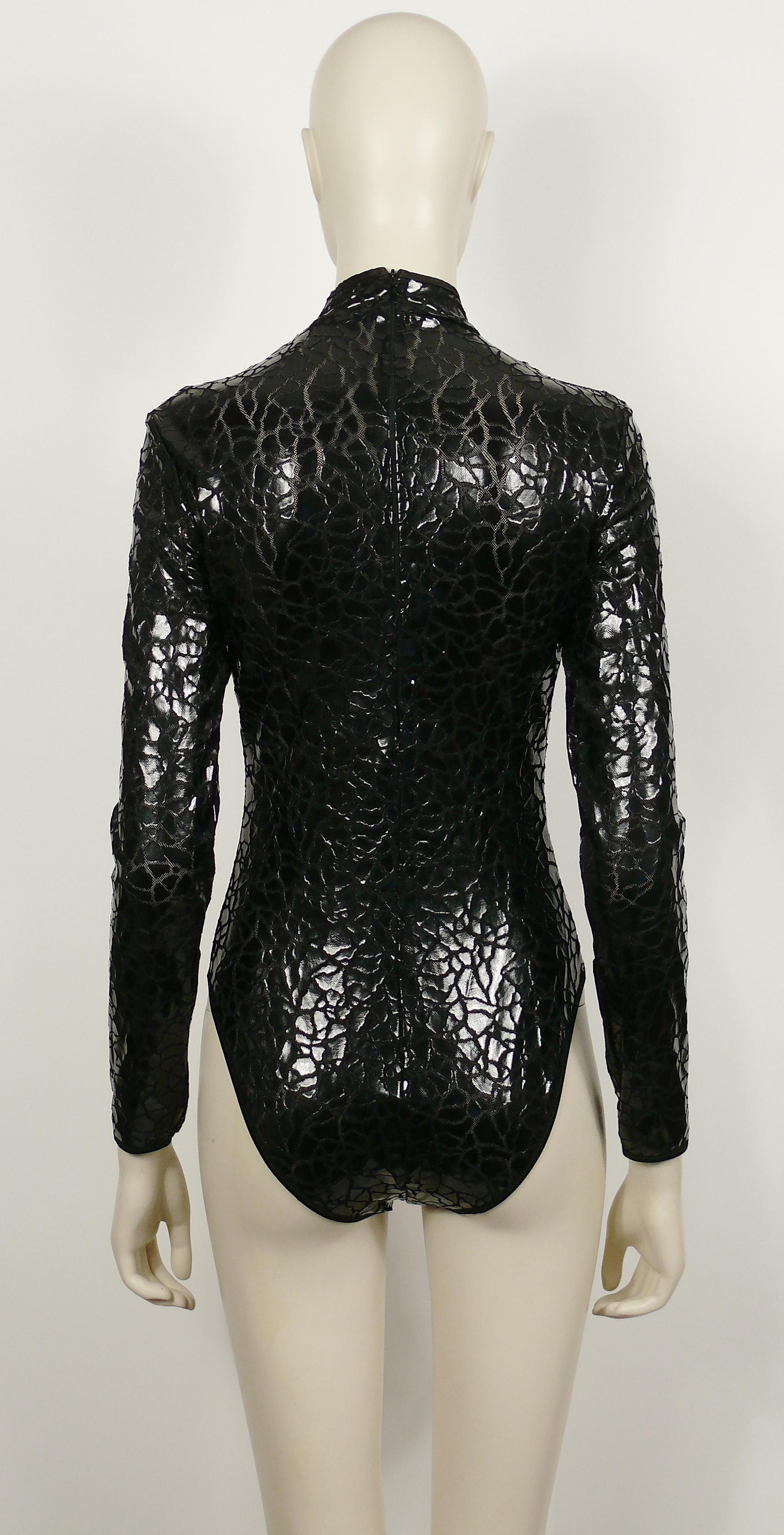 Mugler Vintage Long-Sleeve Black Mesh Bodysuit with Crack Design Size M 3