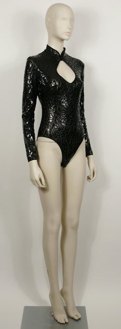 Mugler Vintage Long-Sleeve Black Mesh Bodysuit with Crack Design Size M