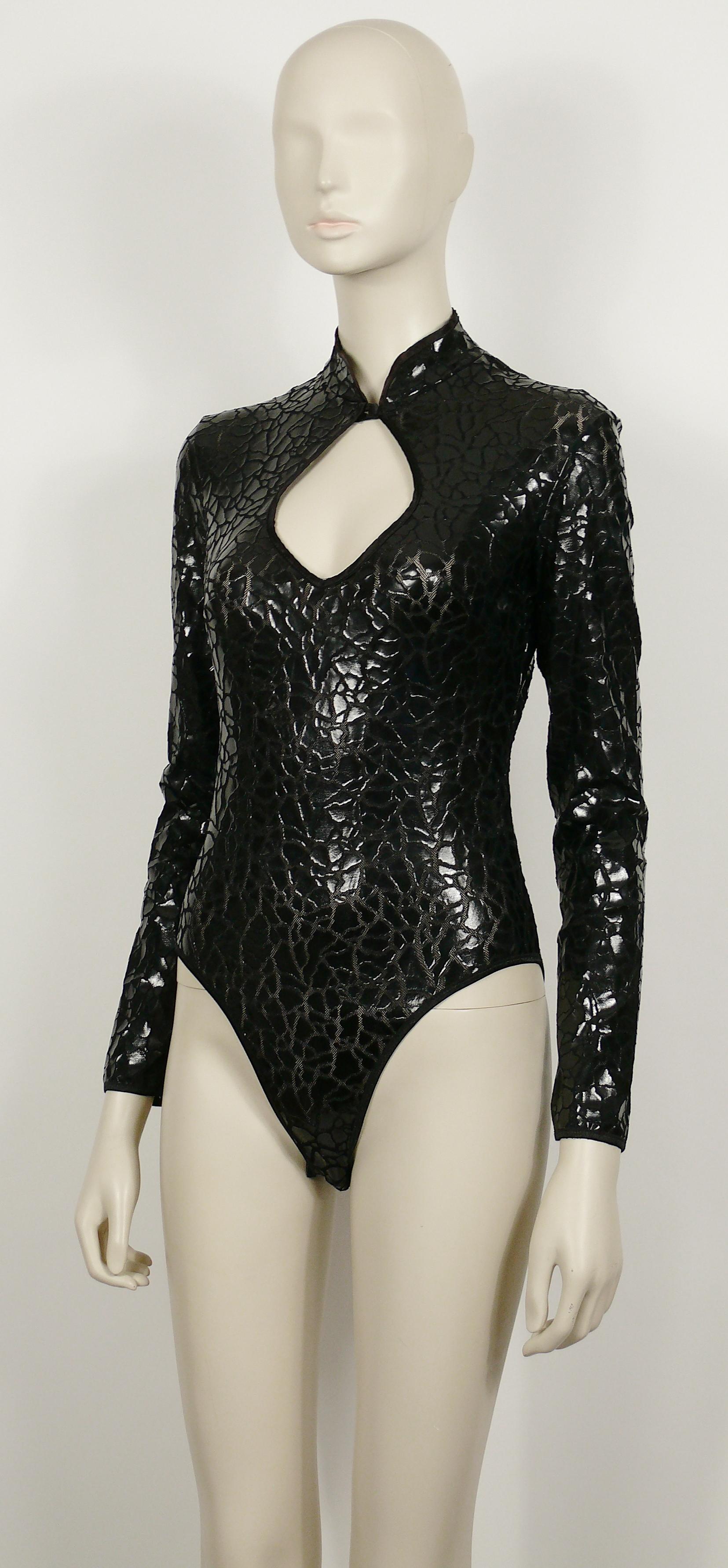 Mugler Vintage Long-Sleeve Black Mesh Bodysuit with Crack Design Size M 1