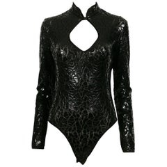 Mugler Vintage Long-Sleeve Black Mesh Bodysuit with Crack Design Size M