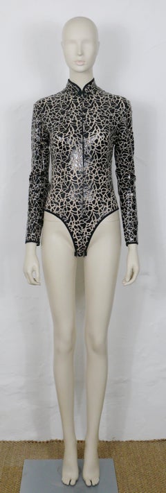 Mugler Vintage Nude Tone Mesh Bodysuit with Black Crack Design Size S