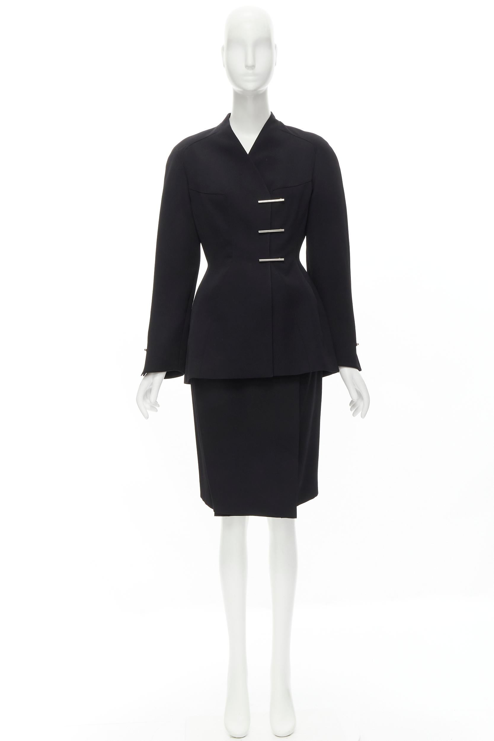 MUGLER Vintage silver bar double breasted contour peplum jacket skirt FR38 S For Sale 6