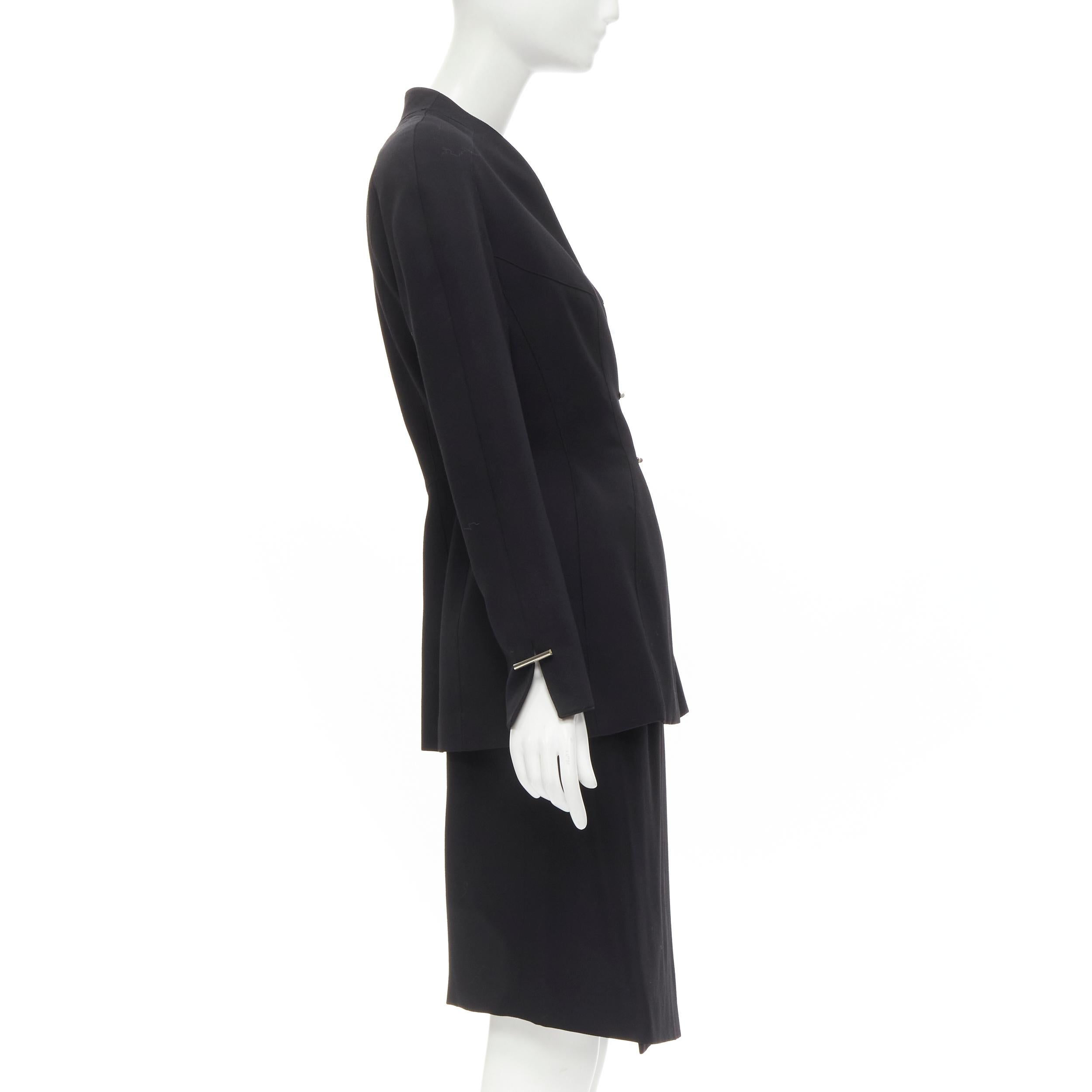 Black MUGLER Vintage silver bar double breasted contour peplum jacket skirt FR38 S For Sale