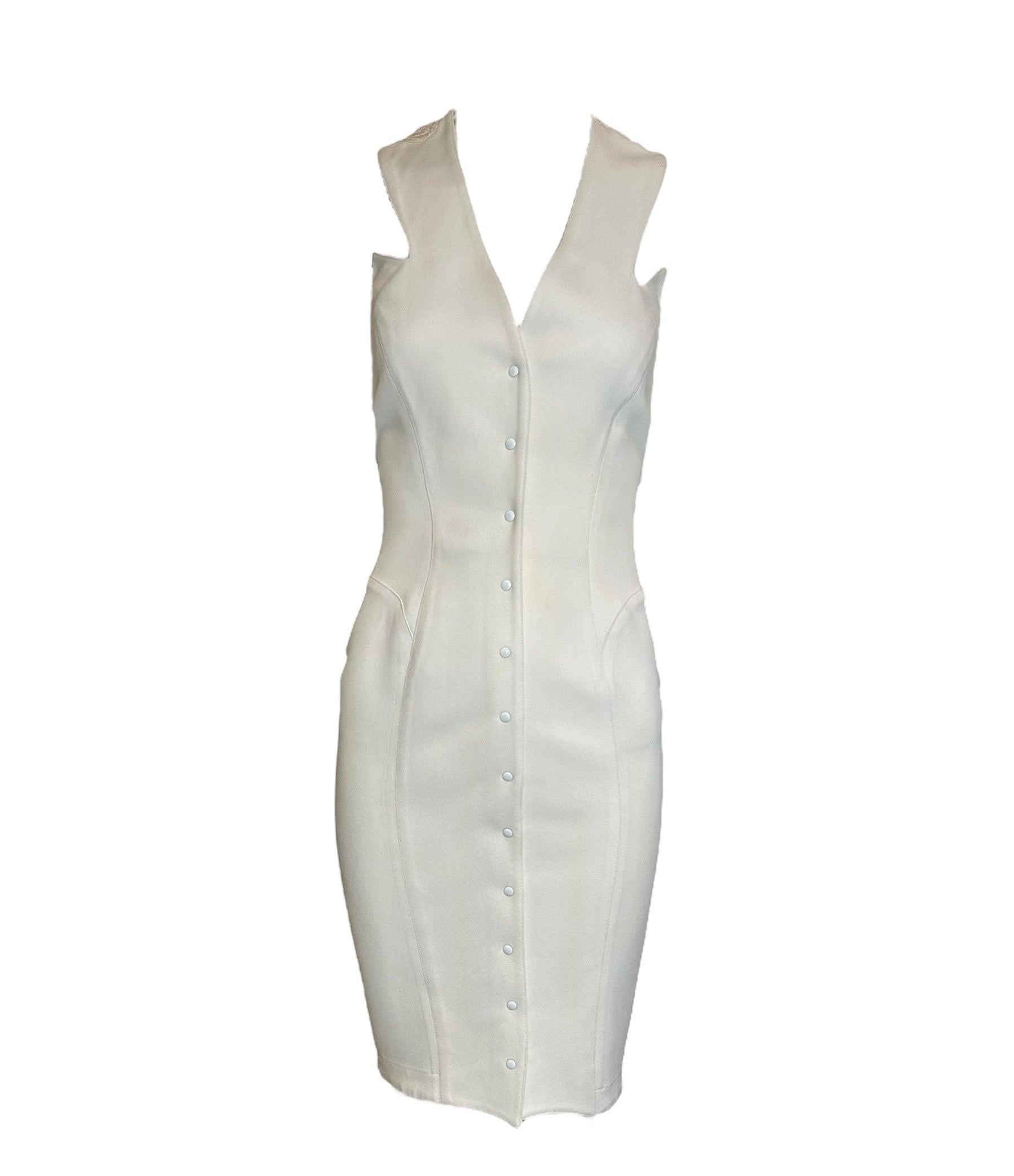 Weißes Mugler-Kreppkleid mit Schnappverschluss vorne und Guckkasten hinten, 1980er Jahre im Angebot