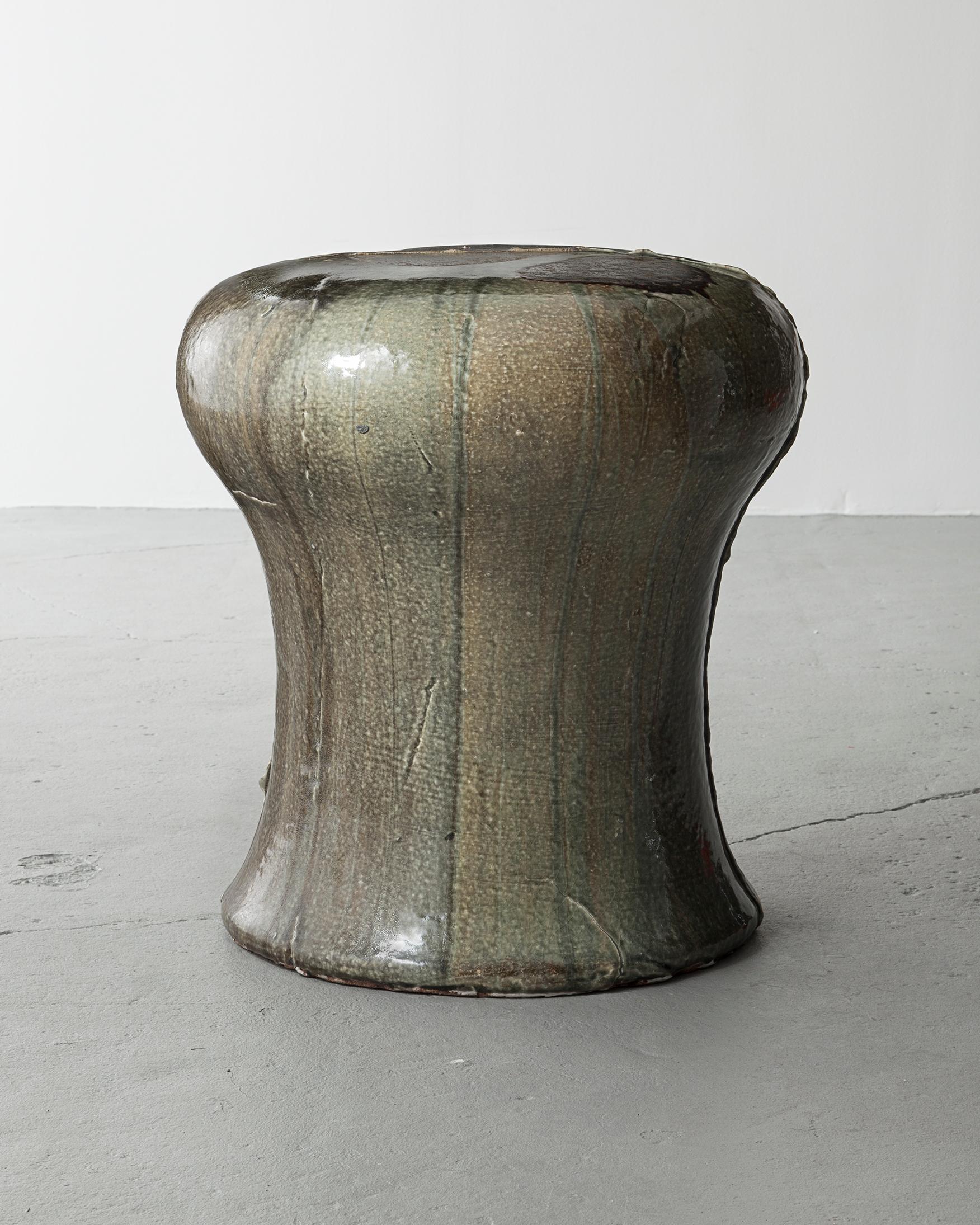 Mugwort Mushroom Series stool in grayish-blue-powdered-celadon glazed ceramic with two bronze spots. Designed and made by Hun-Chung Lee, Korea, 2012.
 