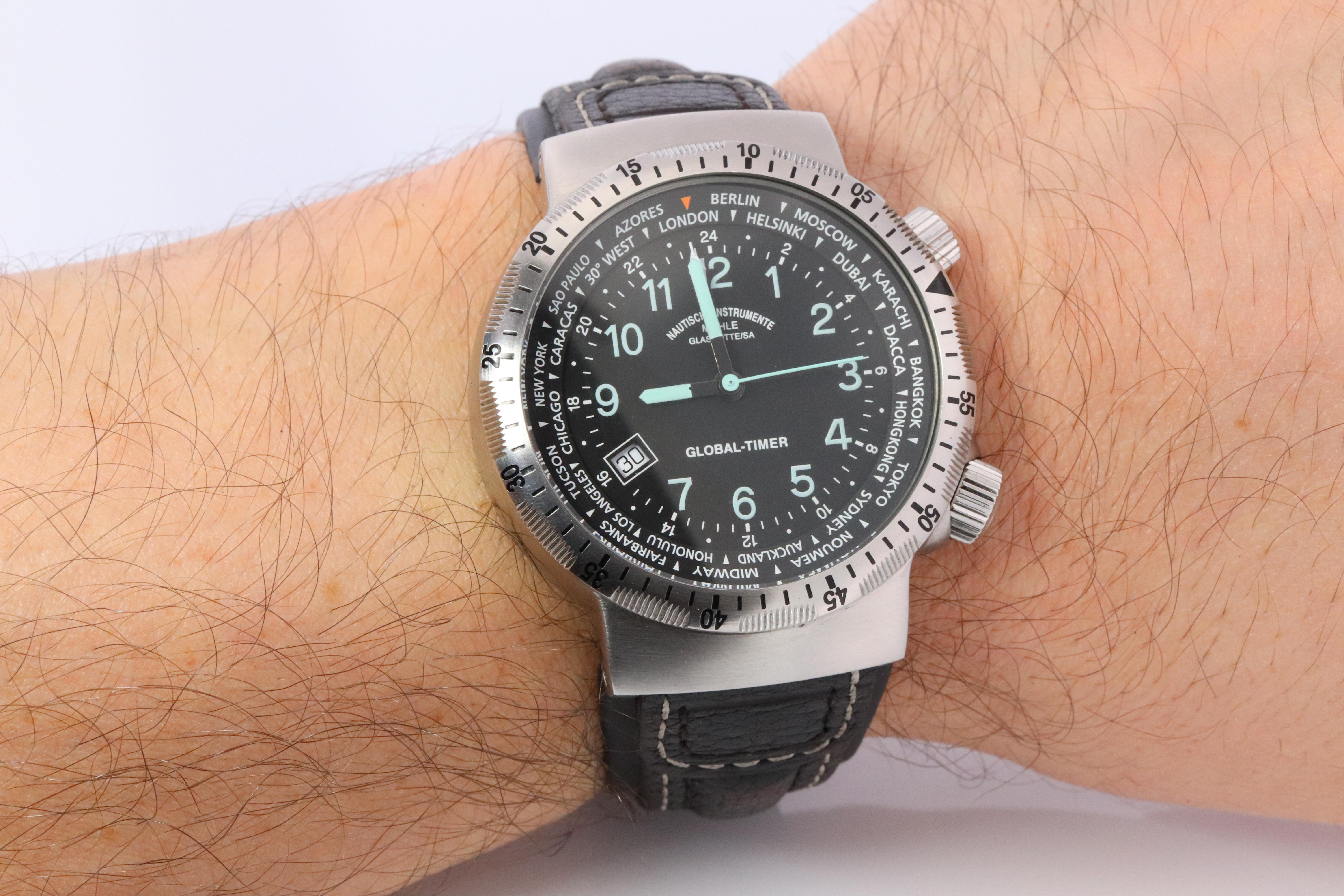 Genuine Mühle Glashütte Global-Timer


ref. m1-41-13  MD11F

Lufthansa Cargo Special.

Works like a champ. Open Back with beautiful movement on display.

Condition: Minor wear. Original Leather Band started to deteriorate. 

Details:
43mm