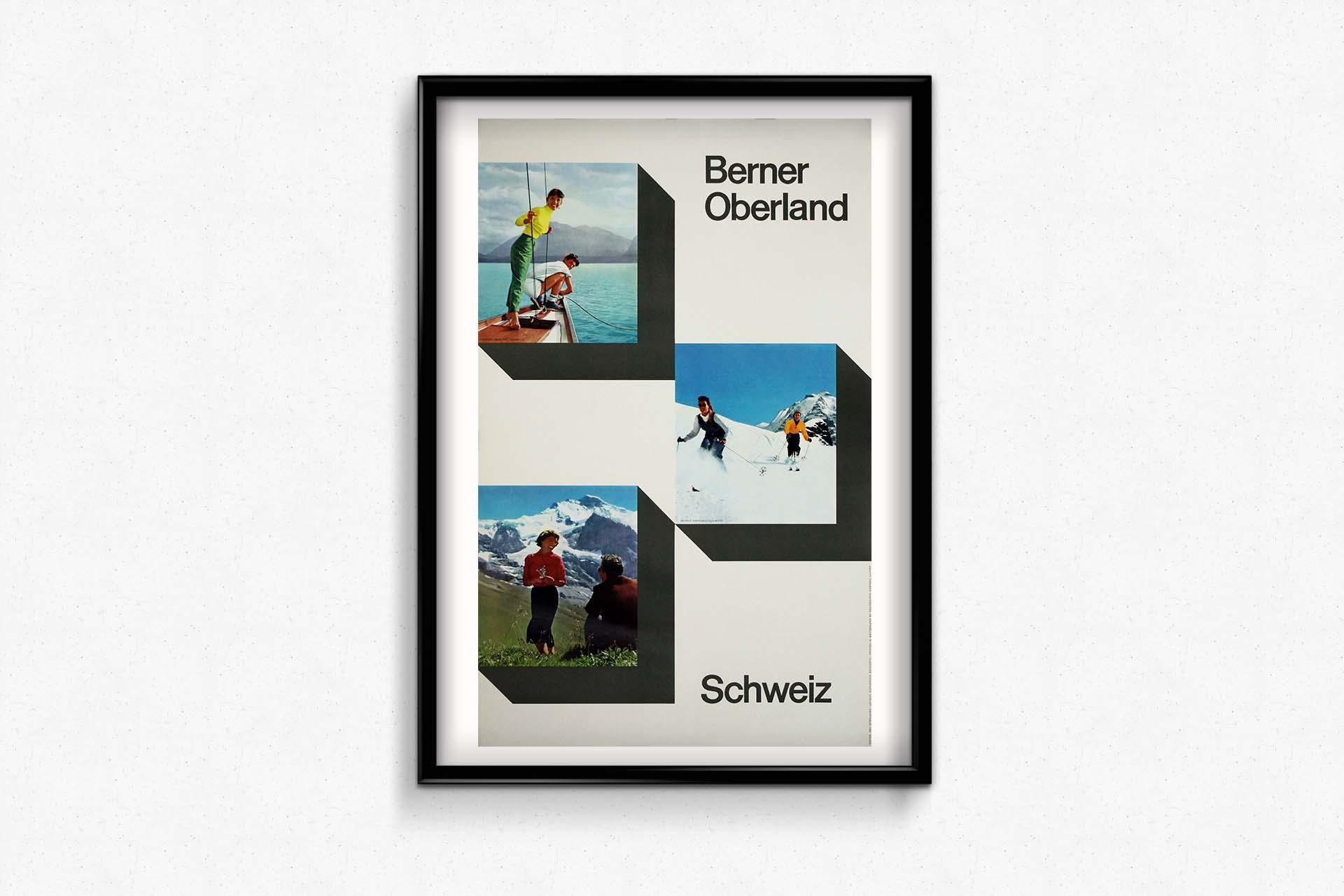 Das Original-Reiseplakat von Muhlemann Werner und Bocchetti Ernst für Berner Oberland Schweiz aus der Zeit um 1950 ist ein exquisites Stück Reisekunst aus der Mitte des 20. Jahrhunderts, das die unberührte Schönheit und den Reiz der Region Berner