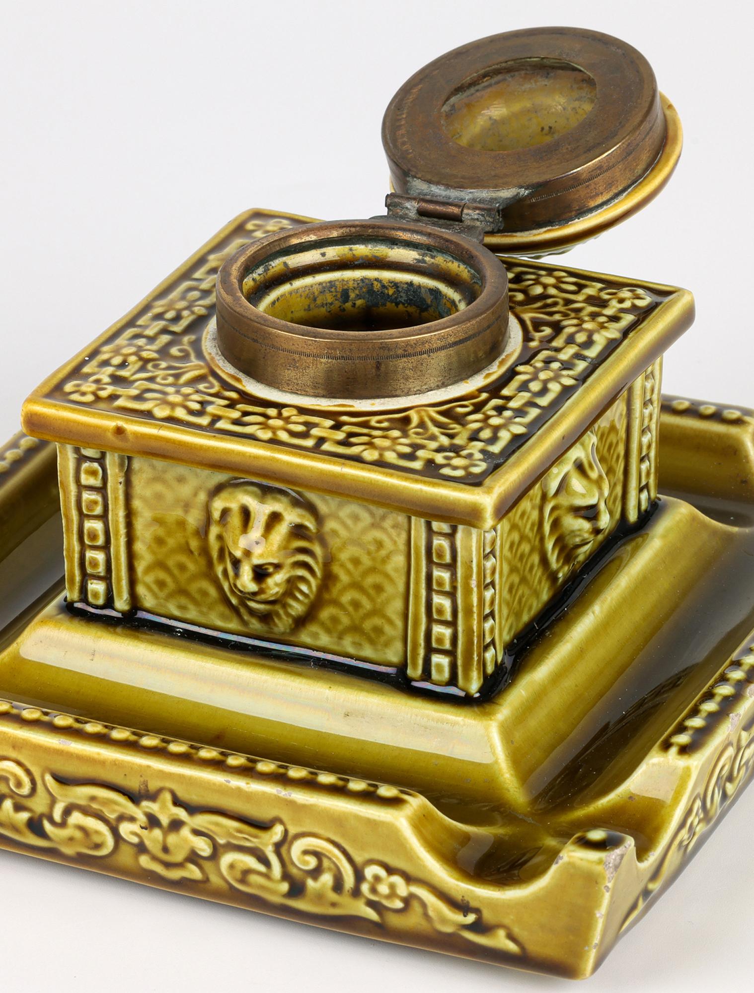 German Mühlen & Leendertz Issum Majolica Glazed Lion Mask Inkwell and Desk Stand For Sale