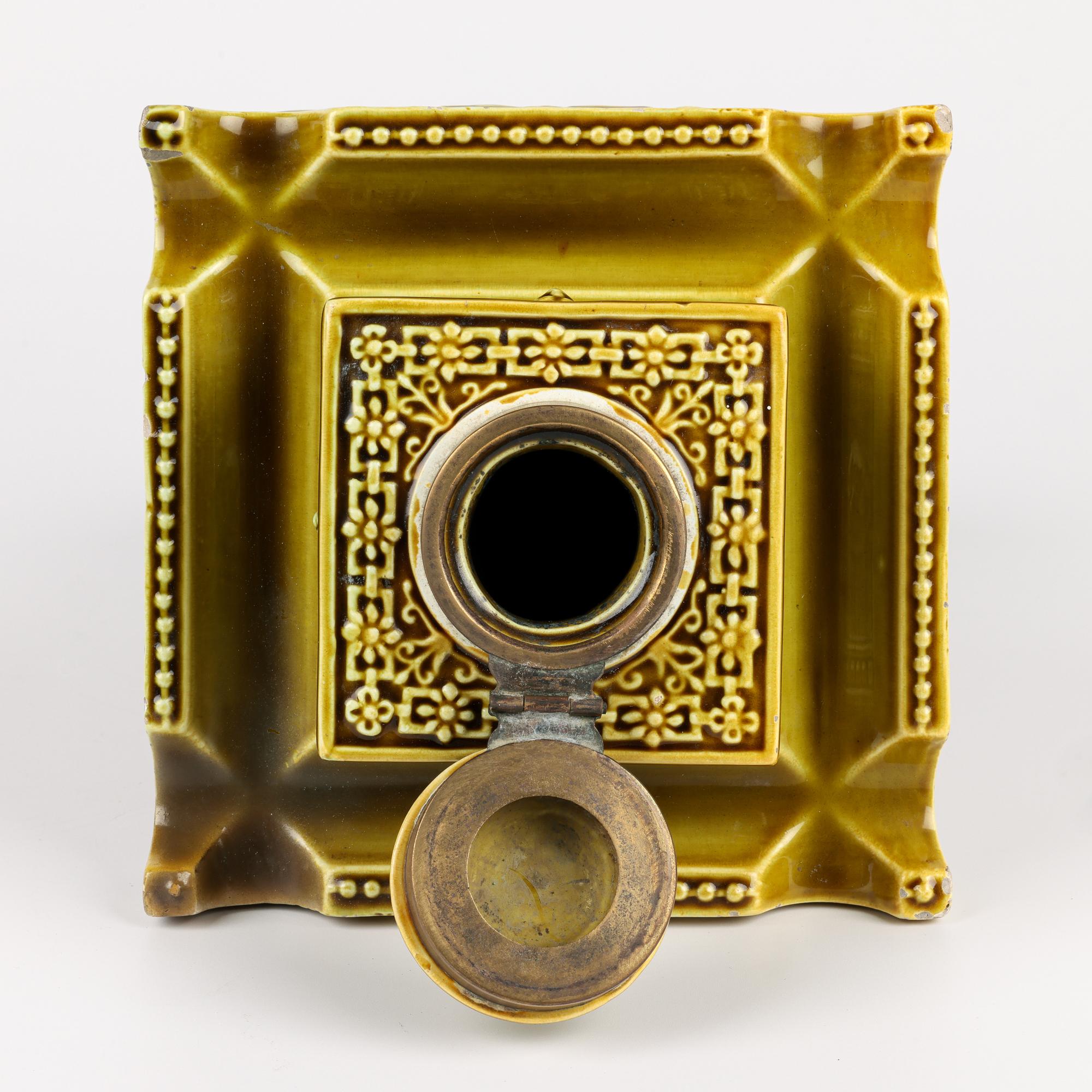 Brass Mühlen & Leendertz Issum Majolica Glazed Lion Mask Inkwell and Desk Stand For Sale