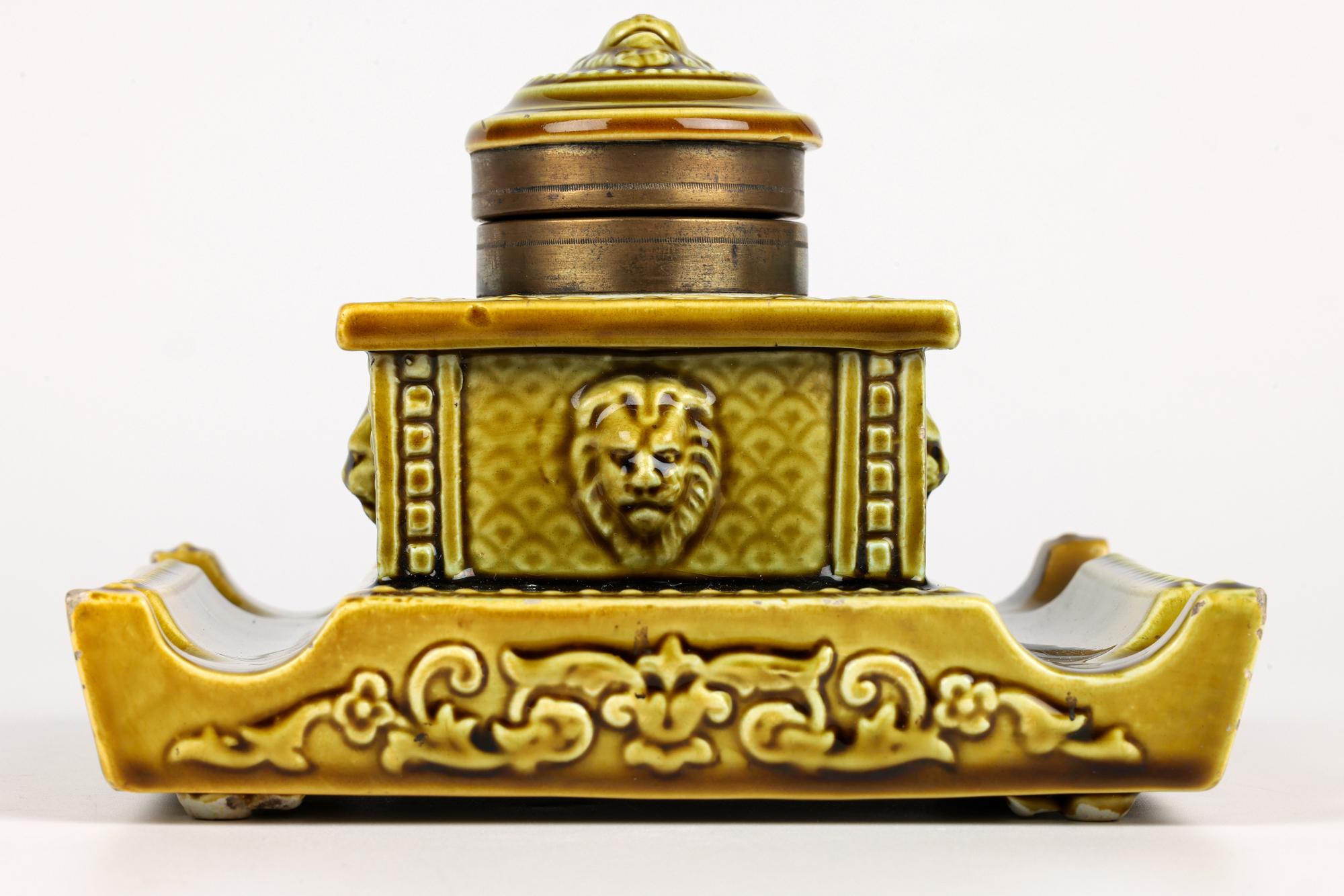 Mühlen & Leendertz Issum Majolica Glazed Lion Mask Inkwell and Desk Stand For Sale 1