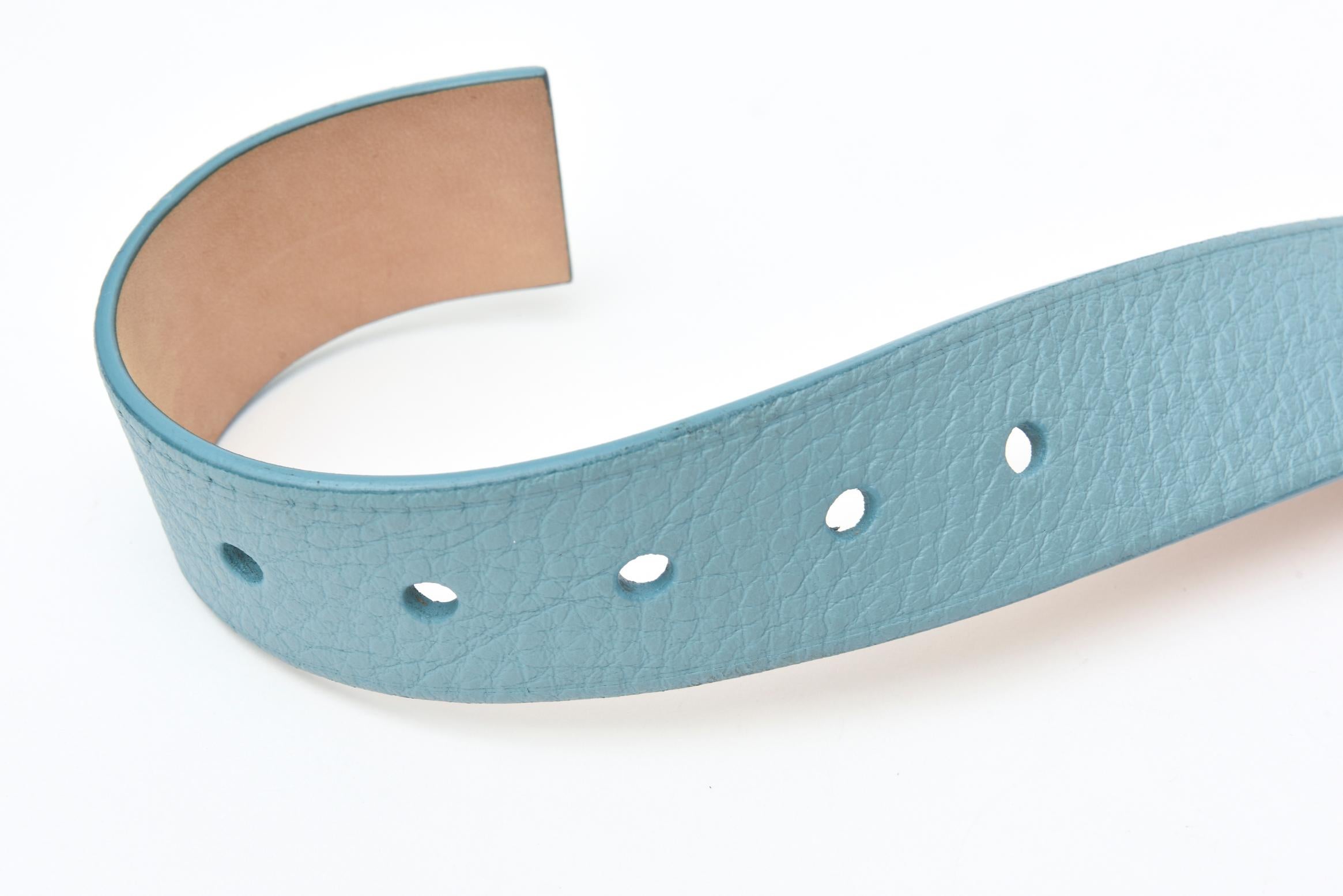 Gray Mui Mui Pebbled Light Tiffany Blue Leather And Silver Metal Belt For Sale