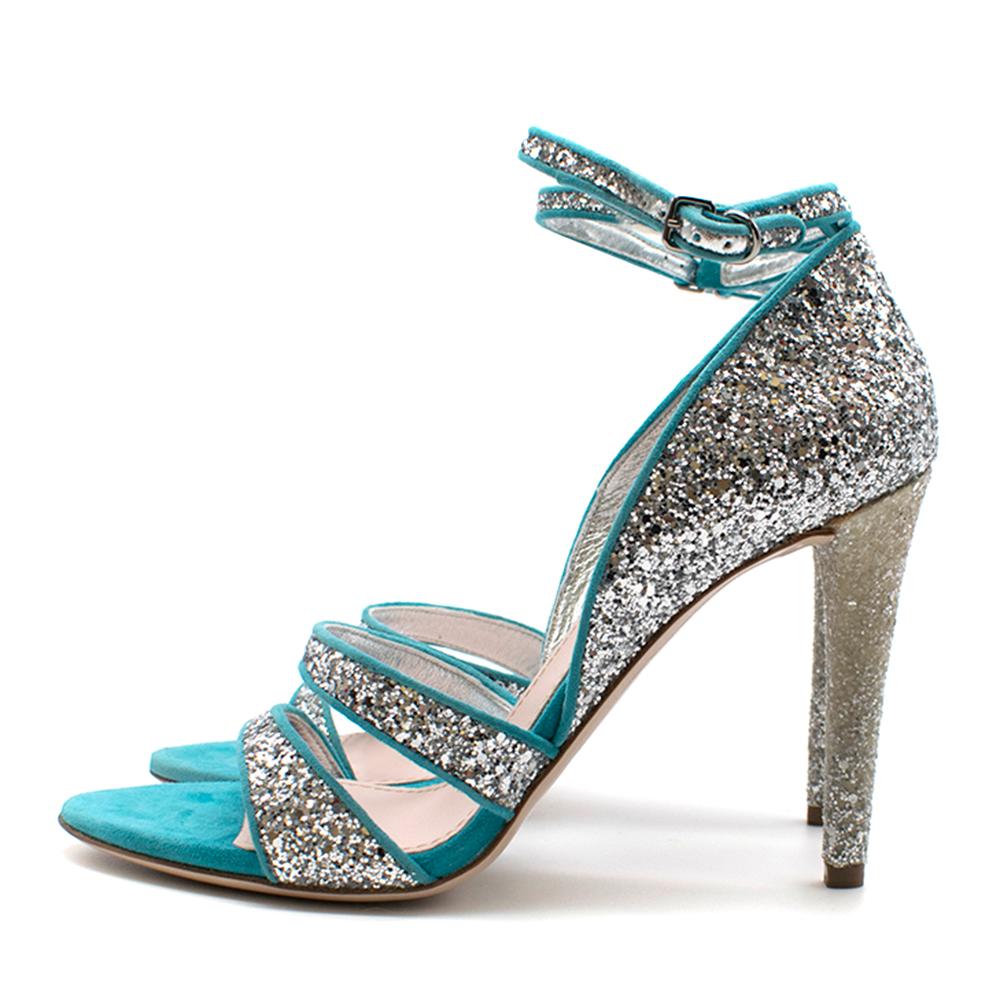 Mui Mui Silver Glitter Turquoise Leather Sandals SIZE 39 In Excellent Condition In London, GB