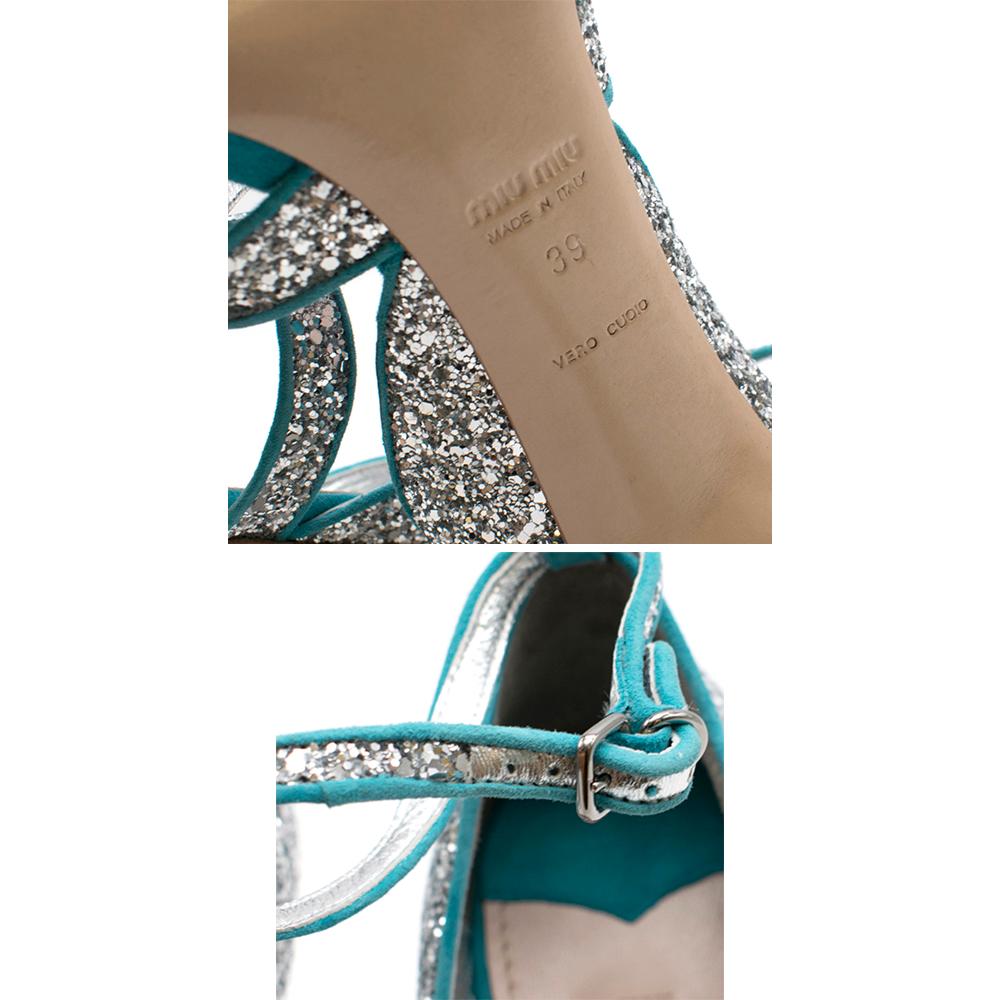 Mui Mui Silver Glitter Turquoise Leather Sandals SIZE 39 5