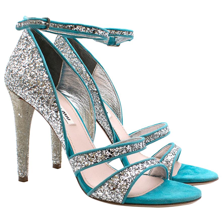 Mui Mui Silver Glitter Turquoise Leather Sandals SIZE 39
