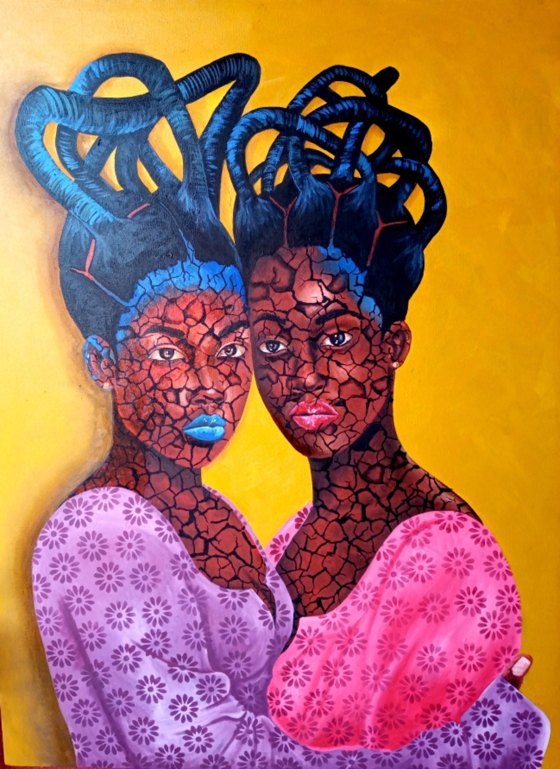Muideen Abdulkadir Portrait Painting - Sisters - 21st Century, Contemporary, Figurative Portrait, Africa Women, Modern