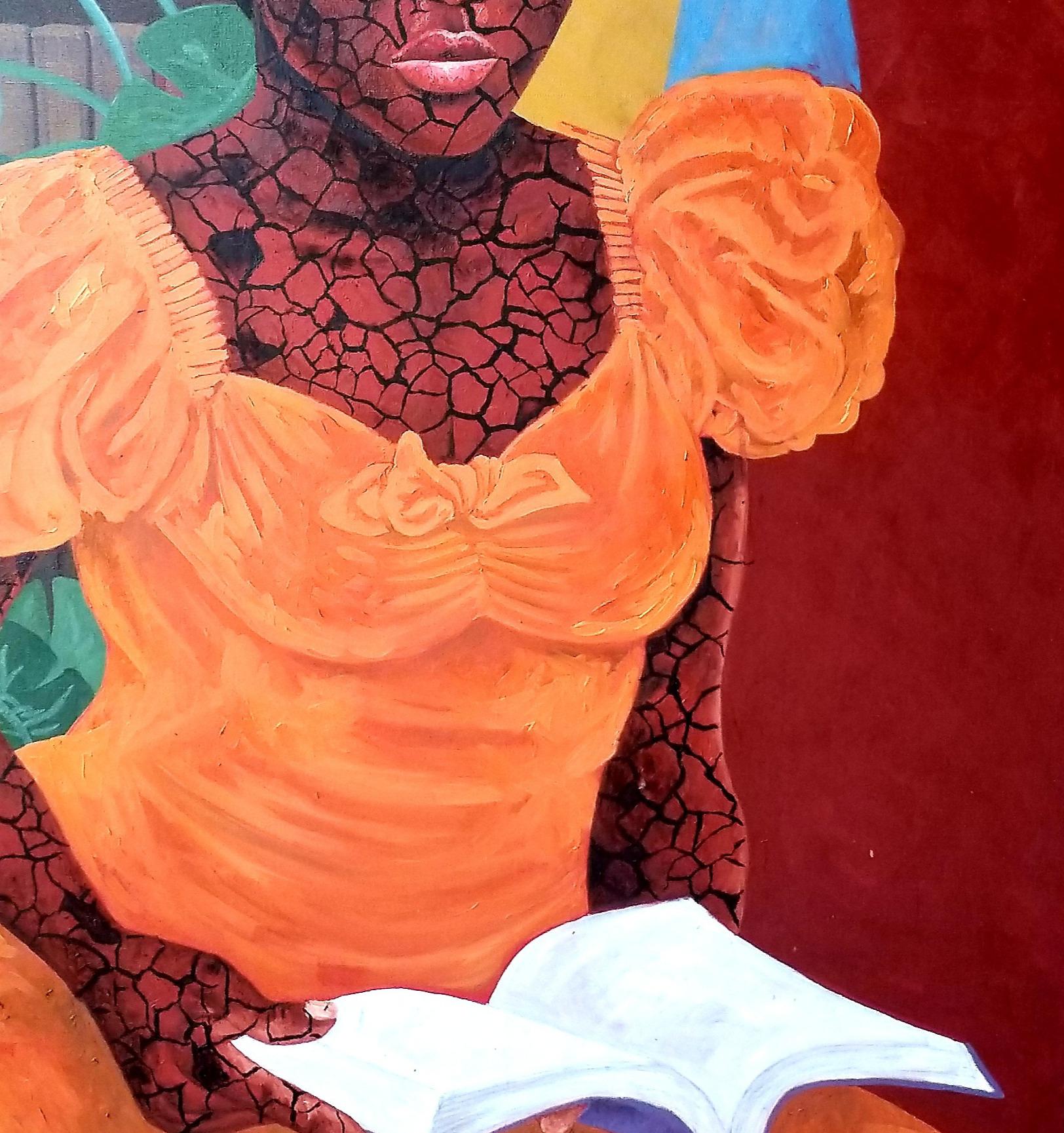 Dieses Gemälde hält die lesende Natur eines jungen nigerianischen Mädchens in einer Privatbibliothek fest. Ziel ist es, die jüngere Generation zu ermutigen, unsere Lesekultur, die allmählich zu schwinden scheint, nicht aufzugeben.
