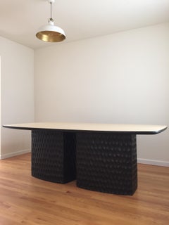 Sculptural Muir Dining Table White Ash Veneer Top and Carved Black Wood Base